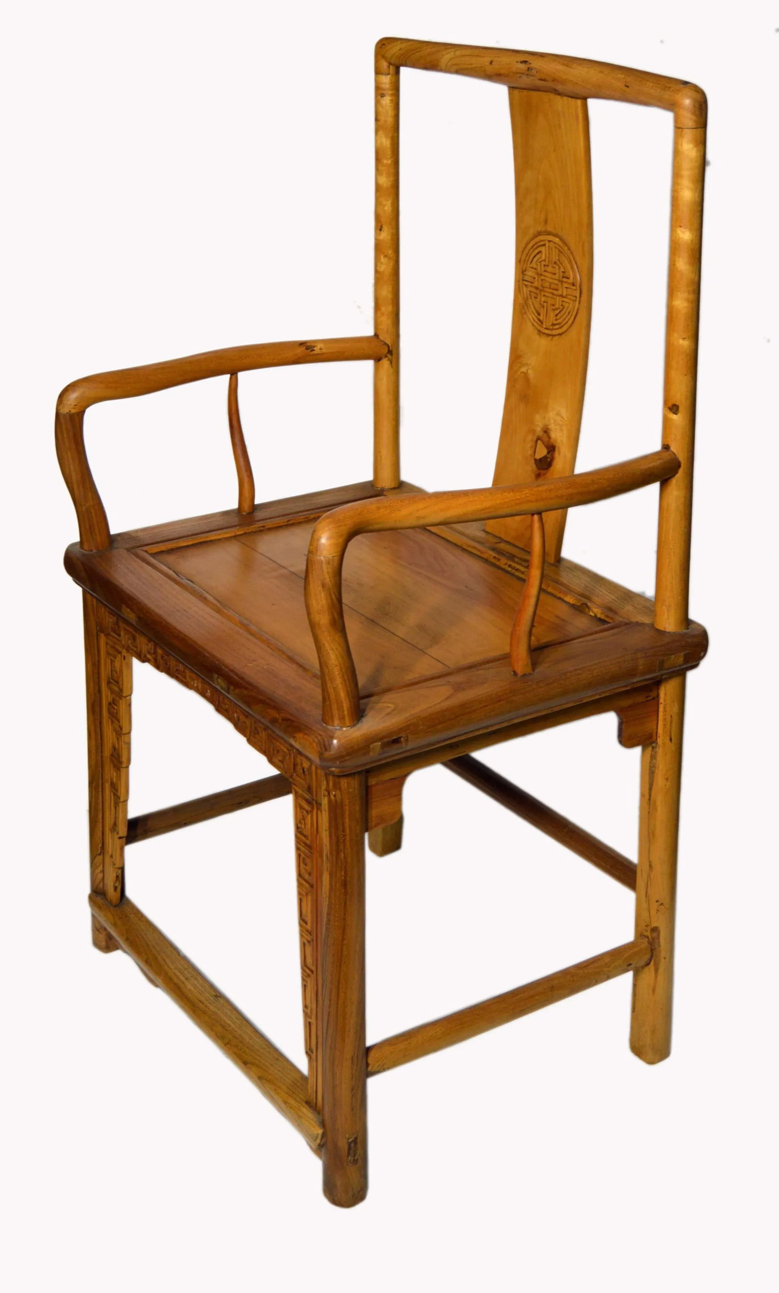 Chinese Yumu Wood Chair With Hand-Carved Medallion and Greek Key - 5