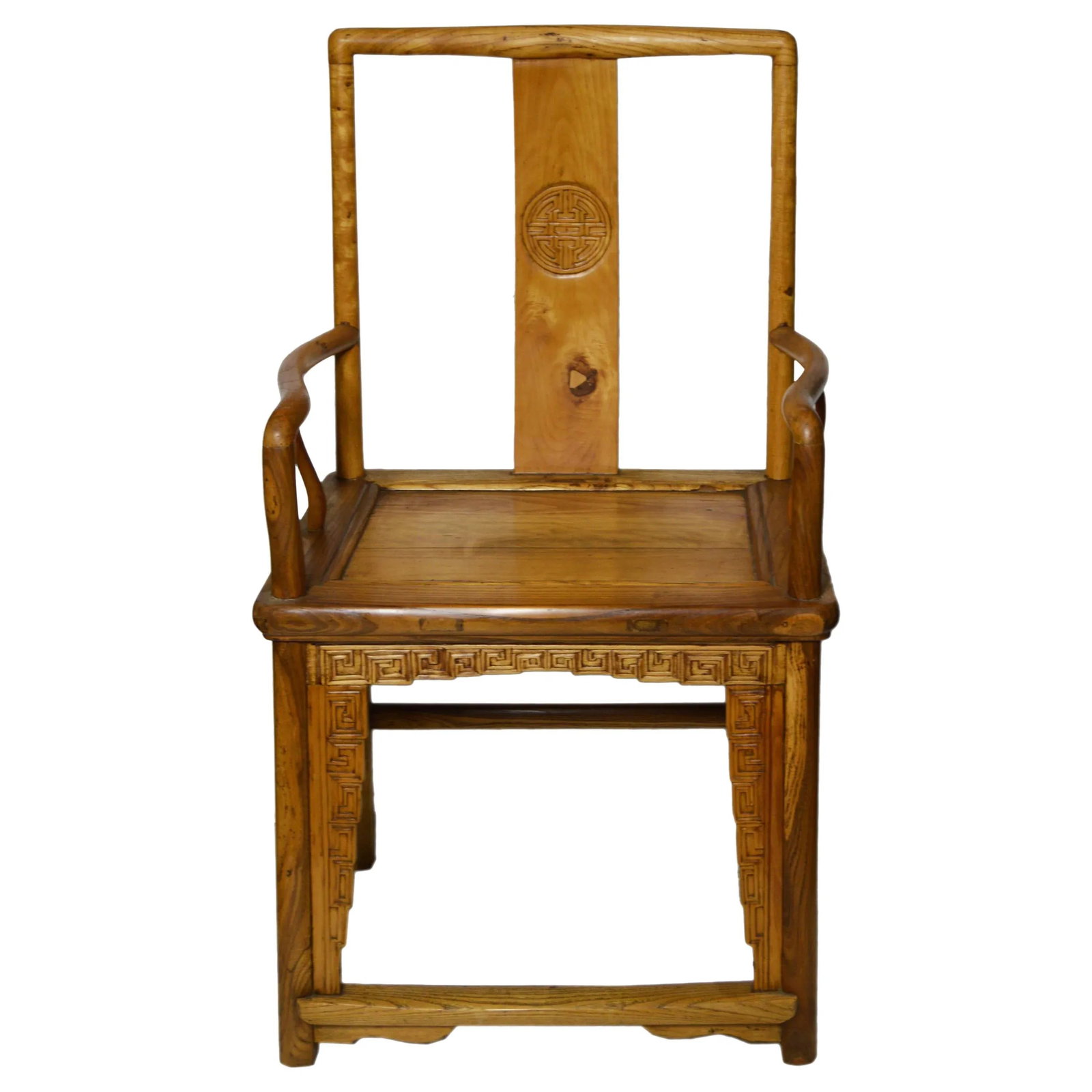 Chinese Yumu Wood Chair With Hand-Carved Medallion and Greek Key - 7