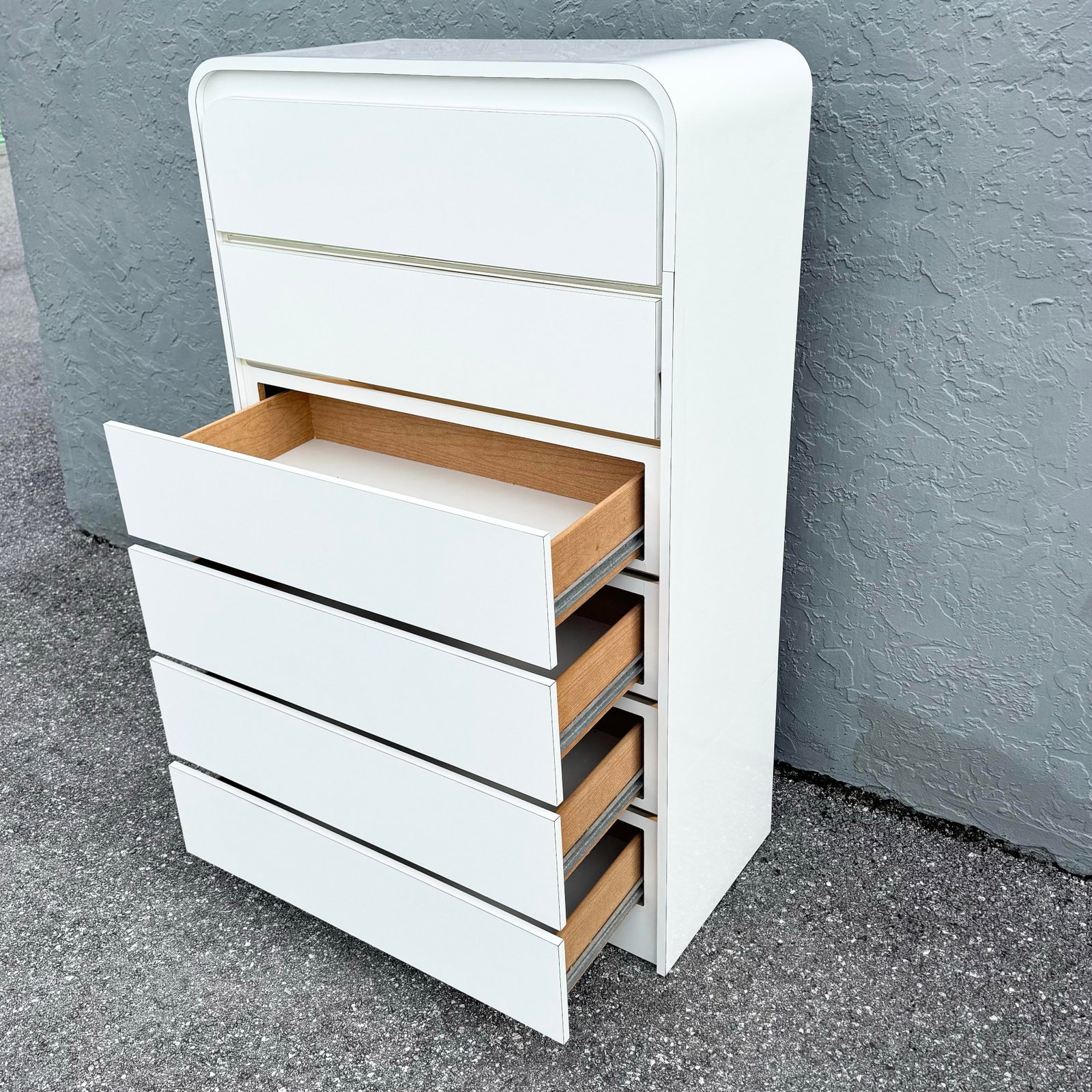 Postmodern White Gloss Laminate Waterfall Highboy Dresser - 8