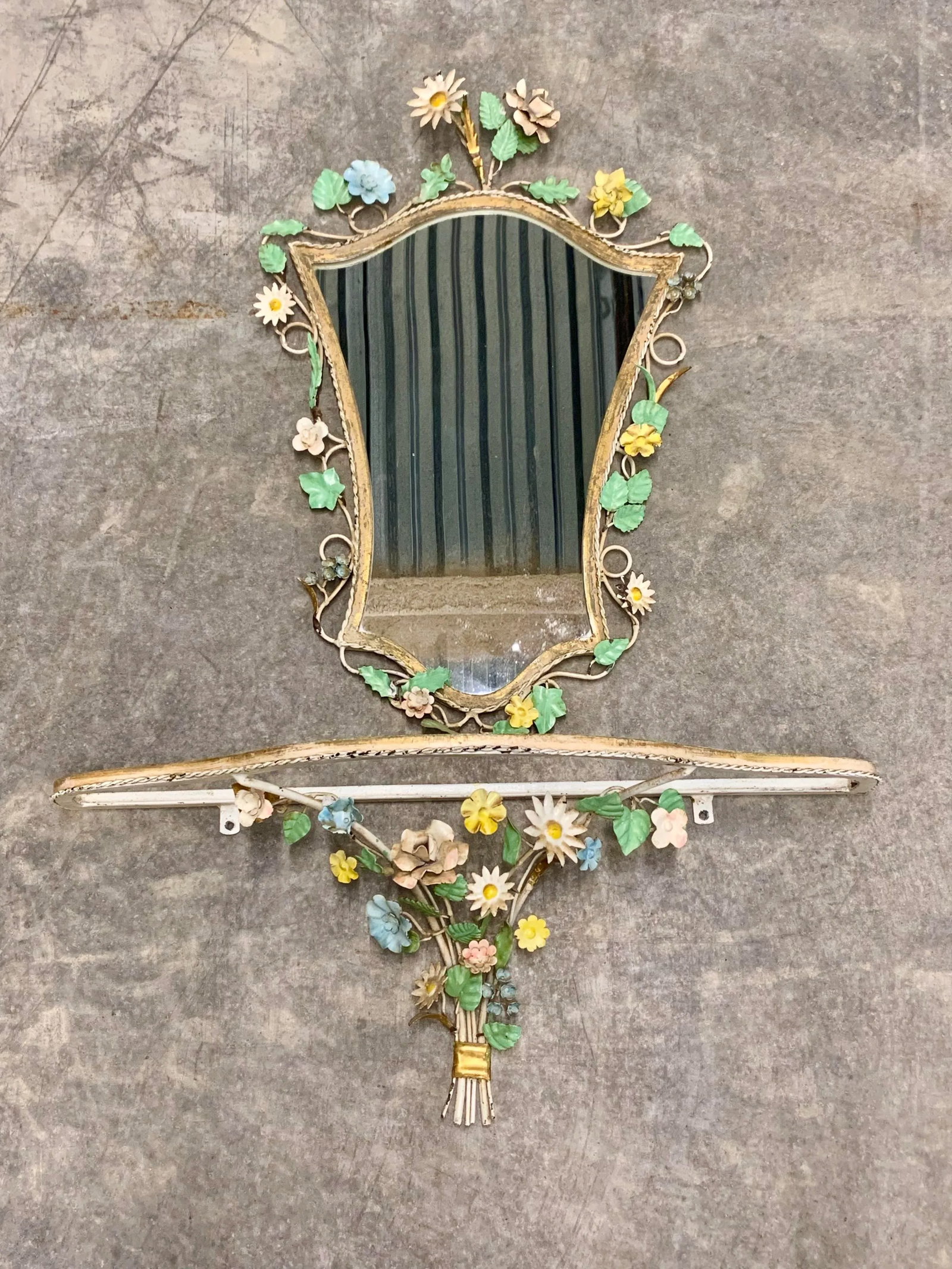 Vintage Tole Floral Mirror and Shelf - 2