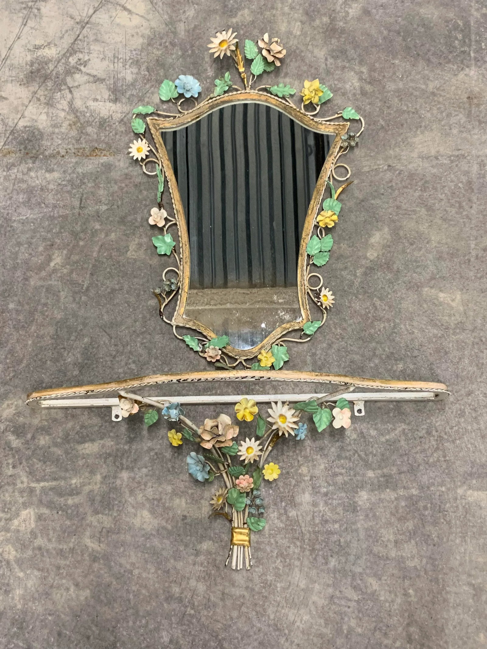 Vintage Tole Floral Mirror and Shelf - 3