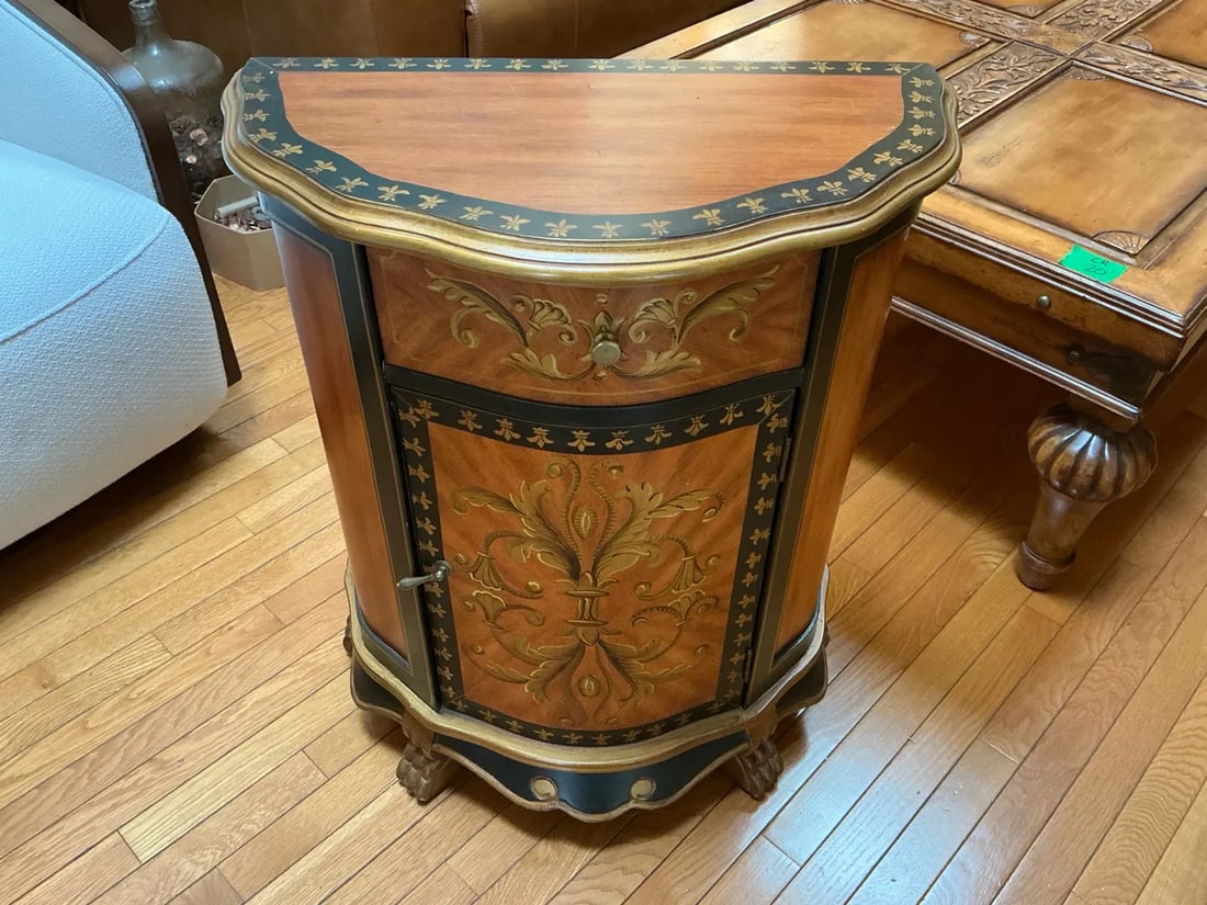 French-Inspired Reproduction Demilune Cabinet With Gold Fleur-De-Lis Motif - 4