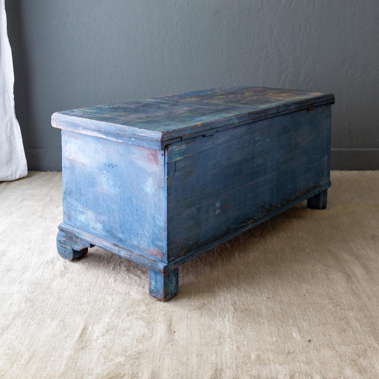 Rustic Blue Painted Cedar Blanket Chest Trunk With Empire C Curved Feet - 10