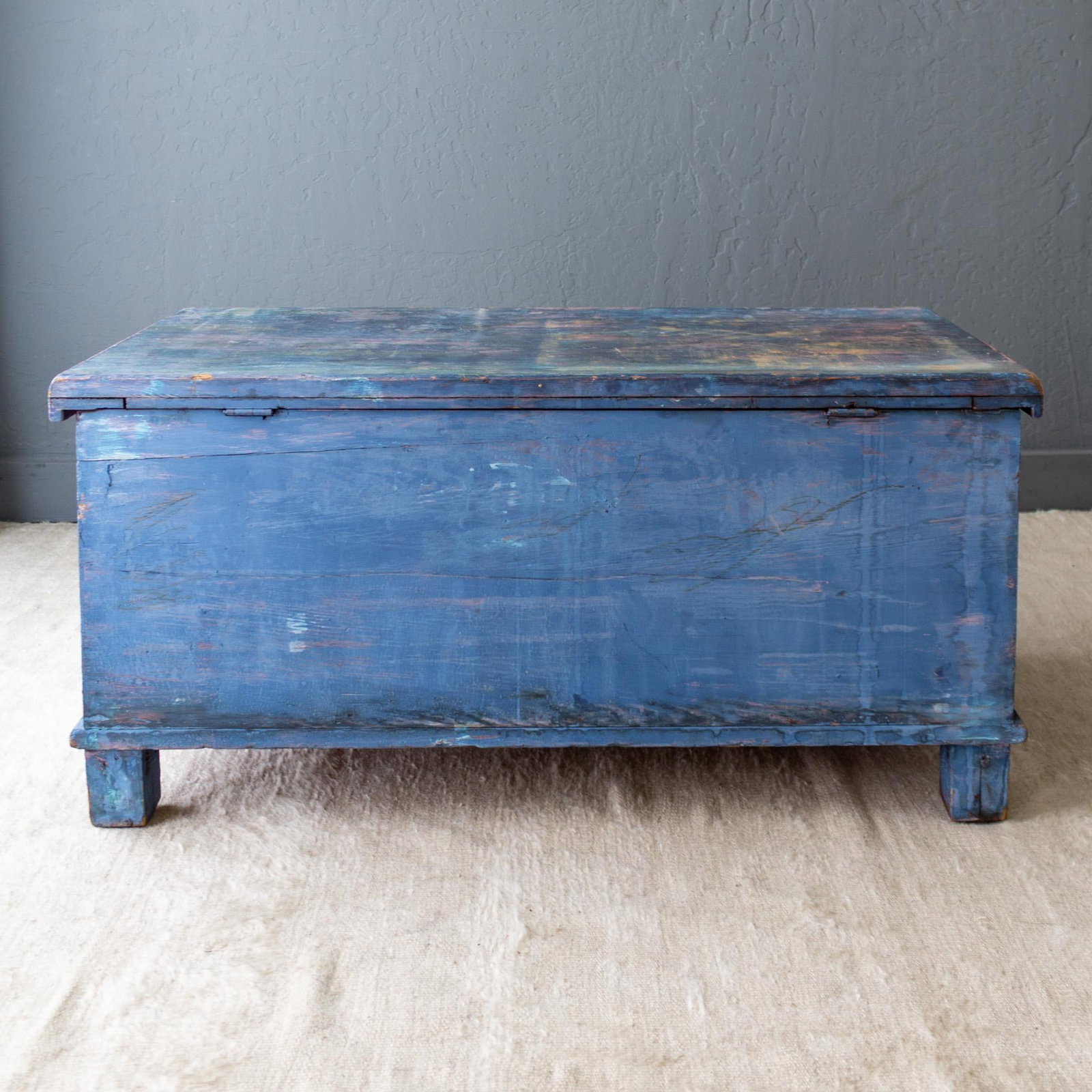 Rustic Blue Painted Cedar Blanket Chest Trunk With Empire C Curved Feet - 12