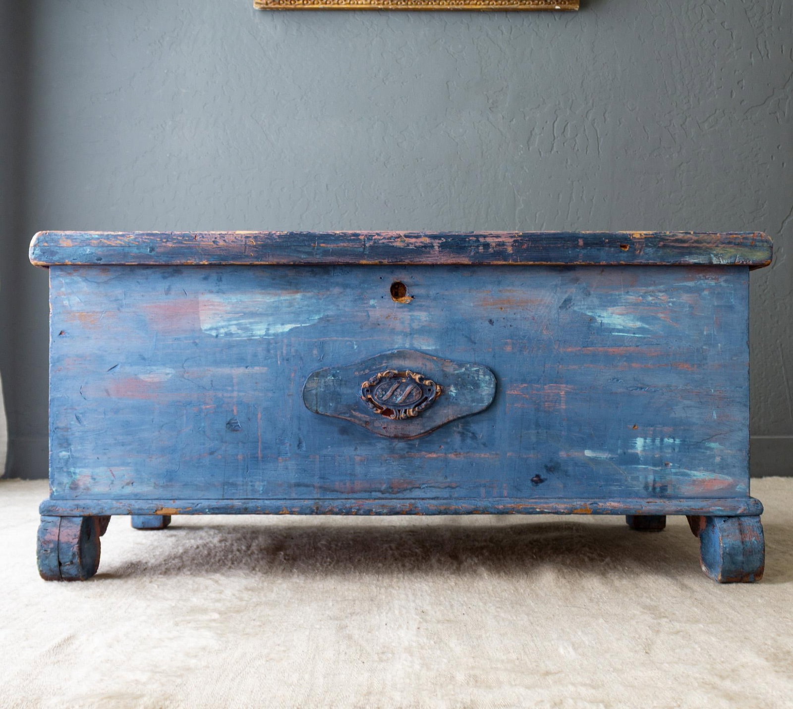 Rustic Blue Painted Cedar Blanket Chest Trunk With Empire C Curved Feet - 16