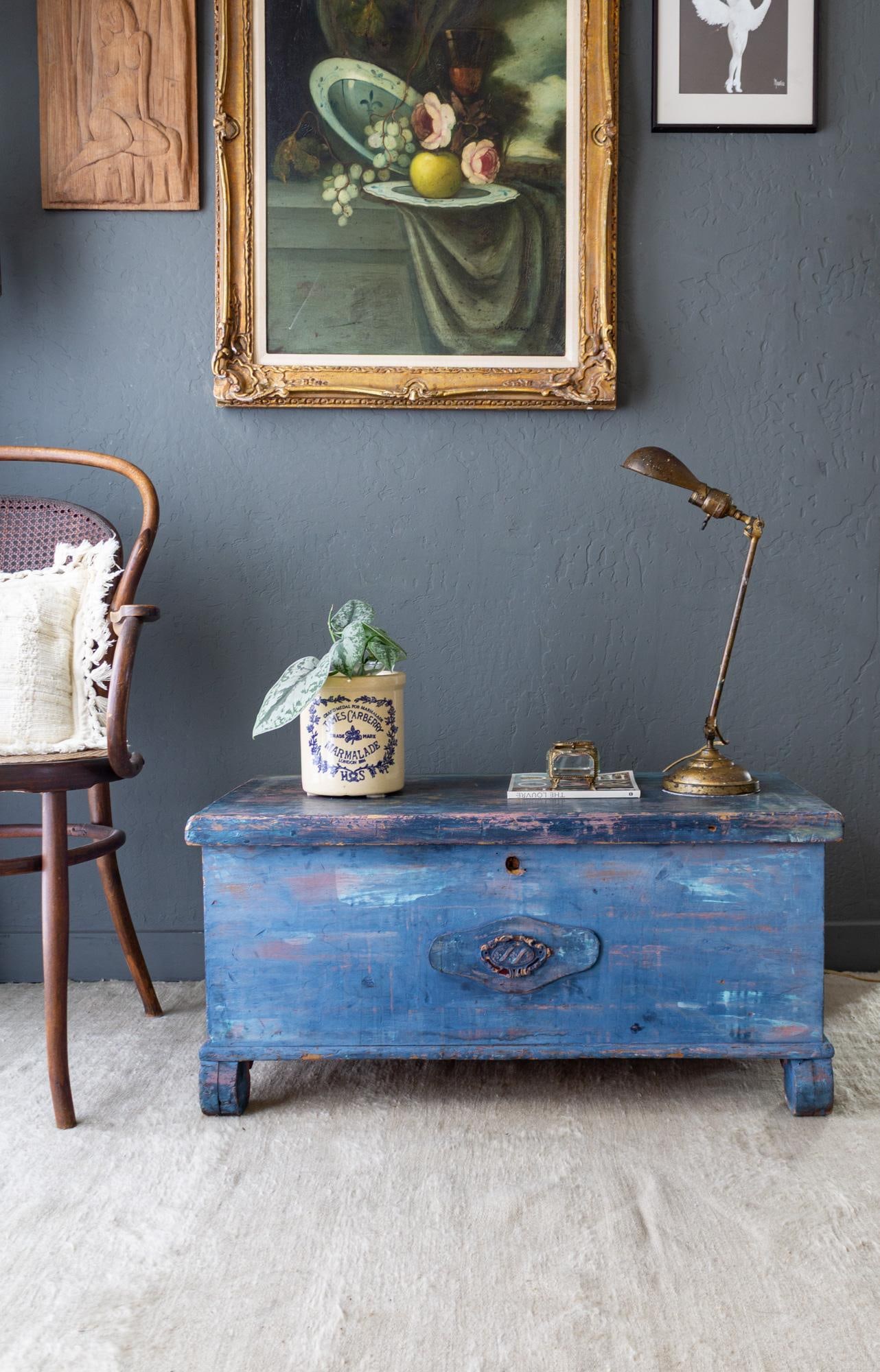 Rustic Blue Painted Cedar Blanket Chest Trunk With Empire C Curved Feet - 2