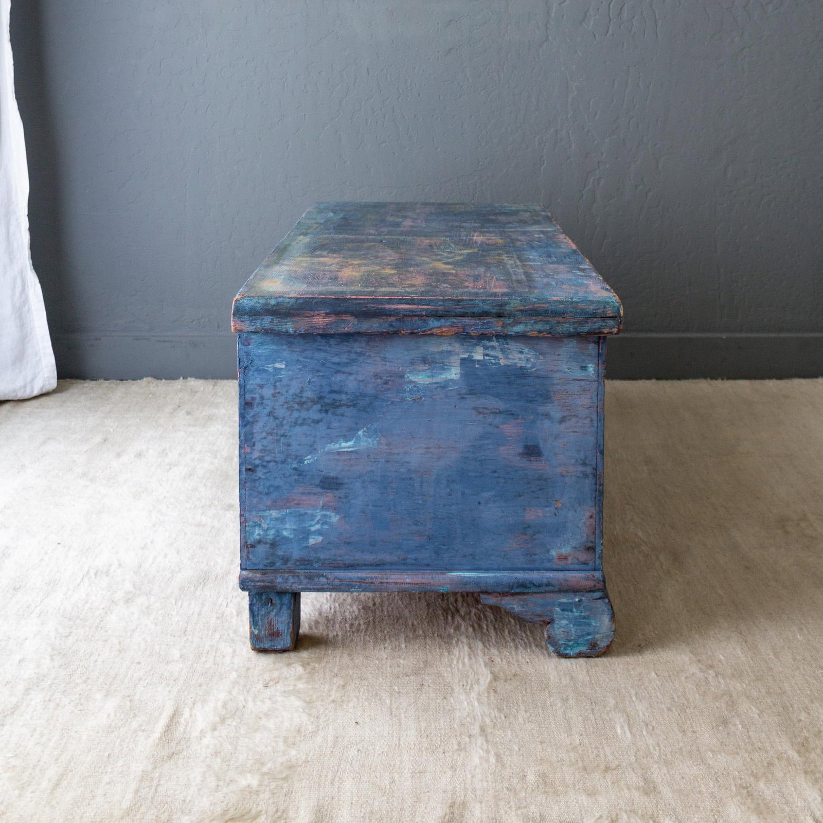 Rustic Blue Painted Cedar Blanket Chest Trunk With Empire C Curved Feet - 7