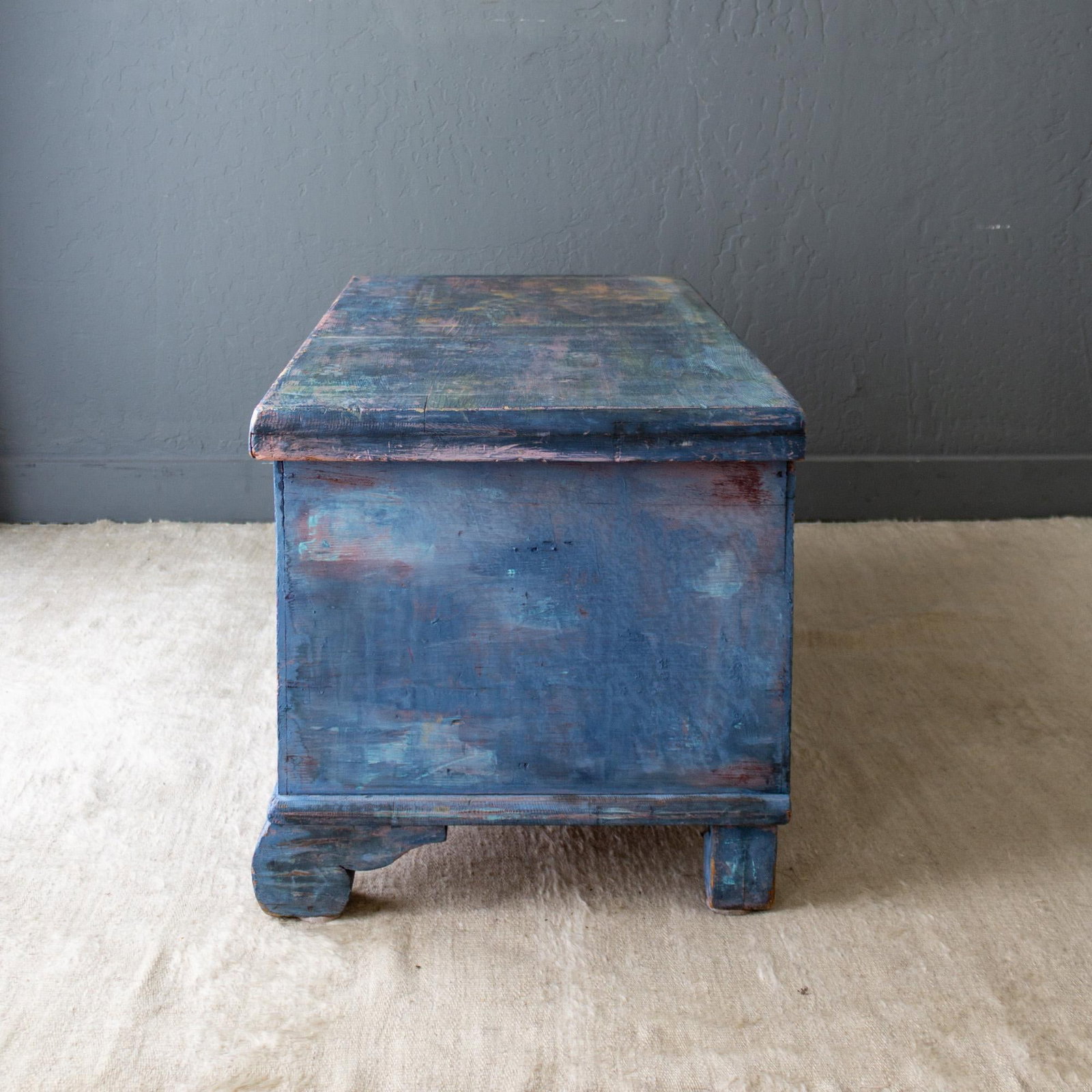 Rustic Blue Painted Cedar Blanket Chest Trunk With Empire C Curved Feet - 9