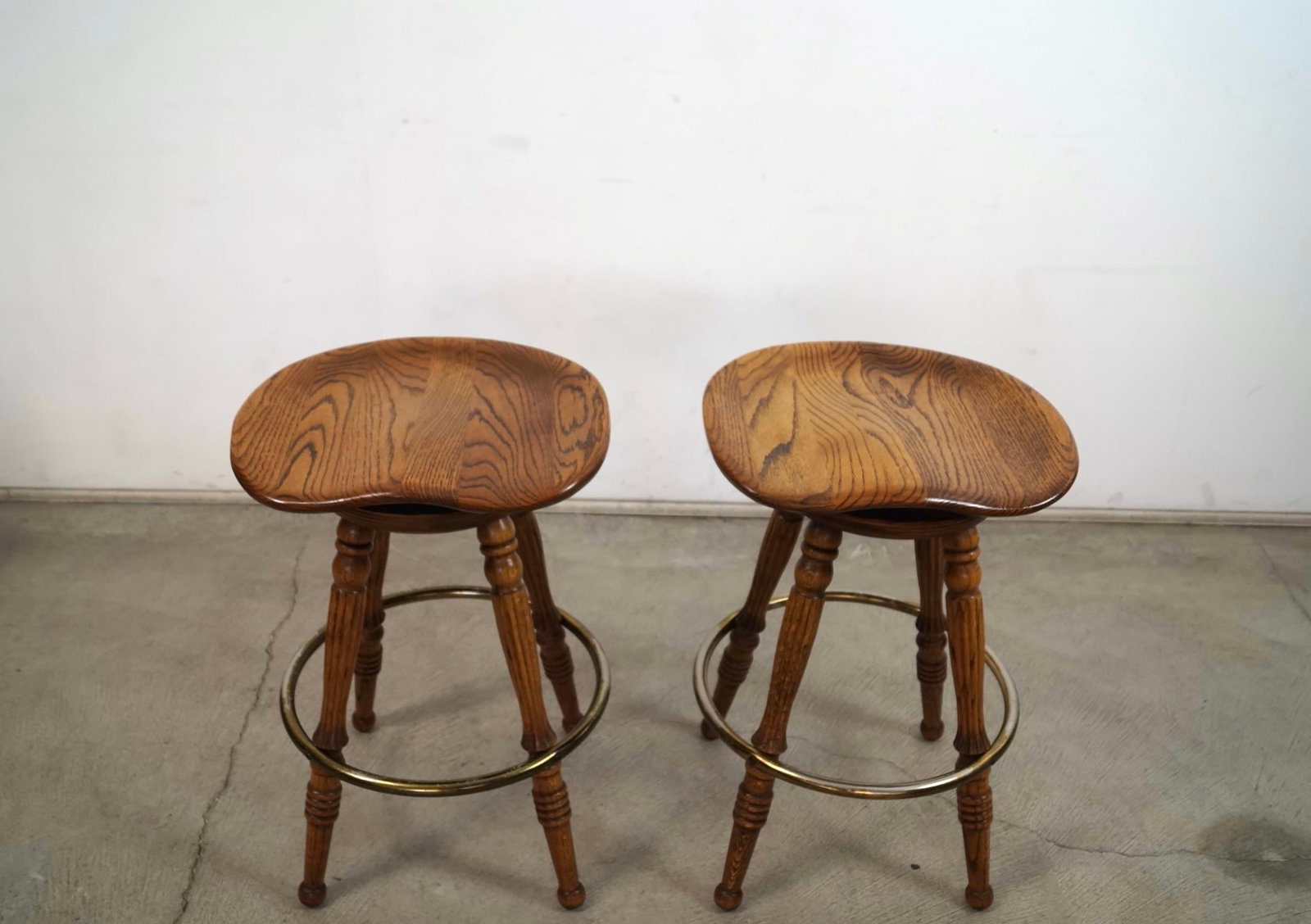 1970's Solid Oak & Brass Tractor Swivel Counter Stools - A Pair - 2