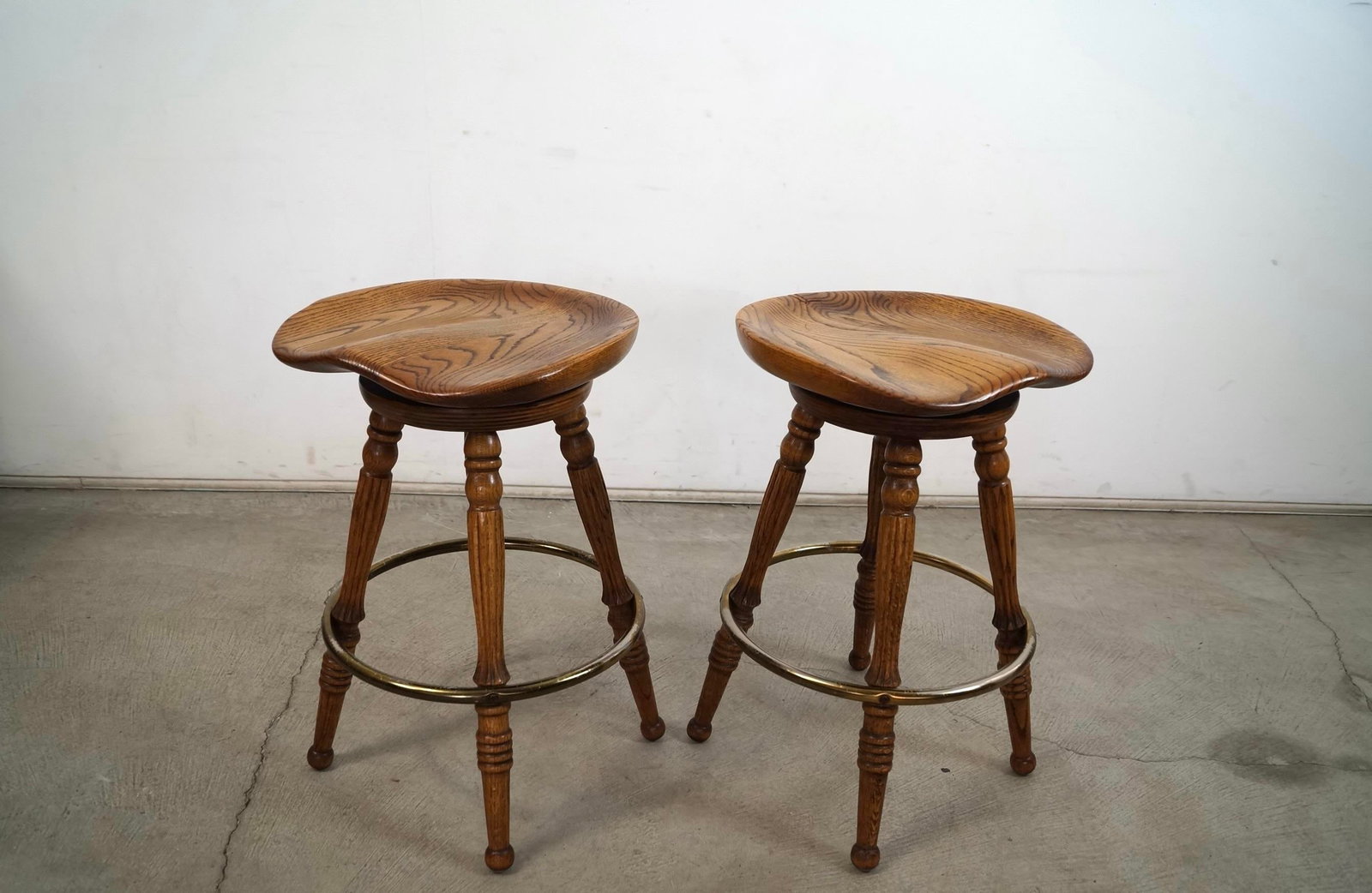 1970's Solid Oak & Brass Tractor Swivel Counter Stools - A Pair - 3