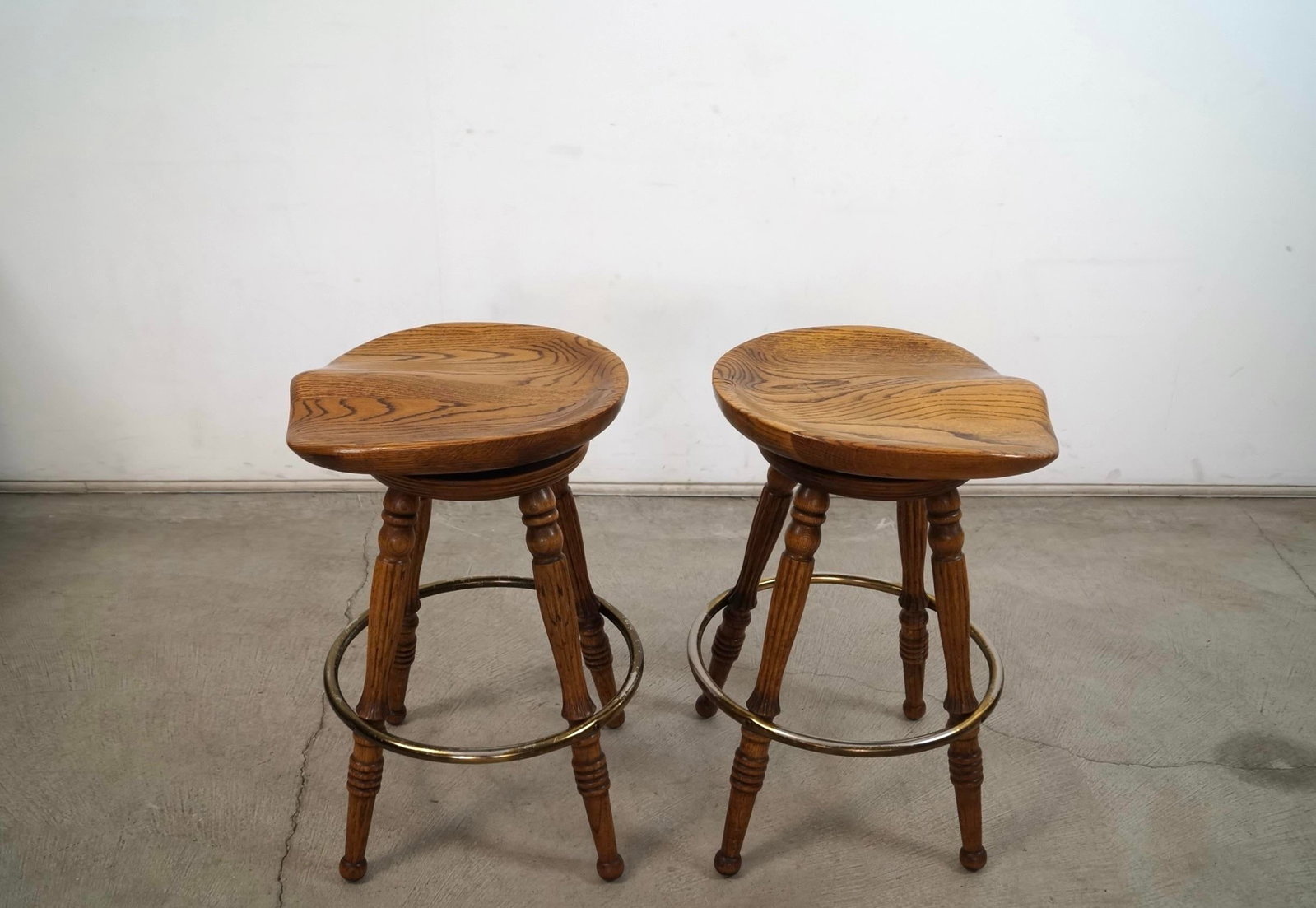 1970's Solid Oak & Brass Tractor Swivel Counter Stools - A Pair - 4