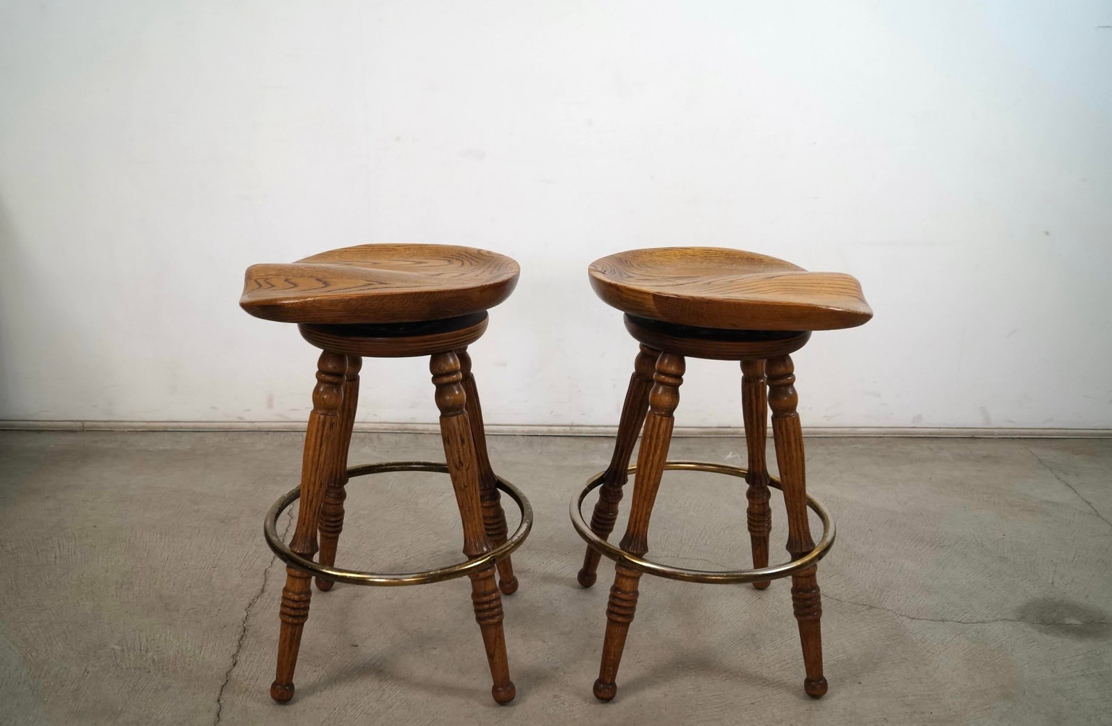 1970's Solid Oak & Brass Tractor Swivel Counter Stools - A Pair - 5