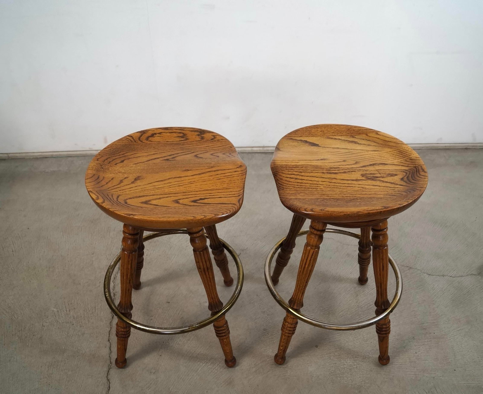 1970's Solid Oak & Brass Tractor Swivel Counter Stools - A Pair - 6