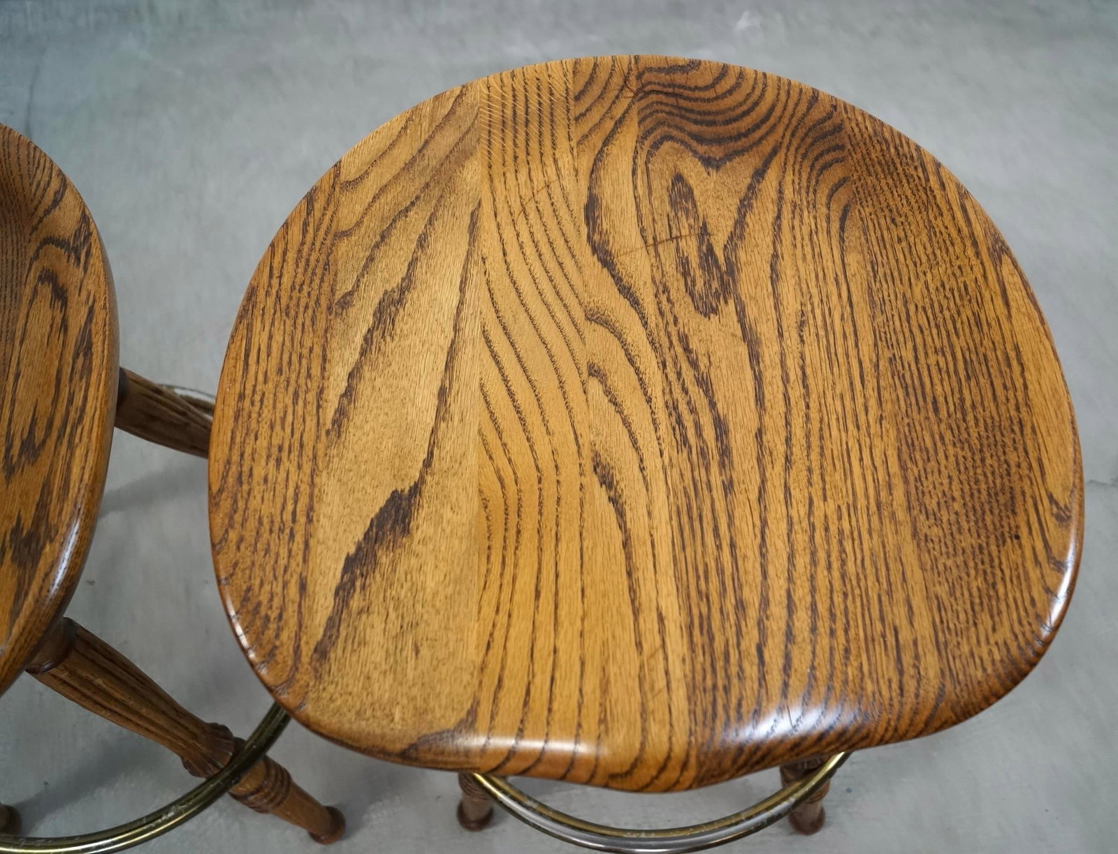 1970's Solid Oak & Brass Tractor Swivel Counter Stools - A Pair - 7