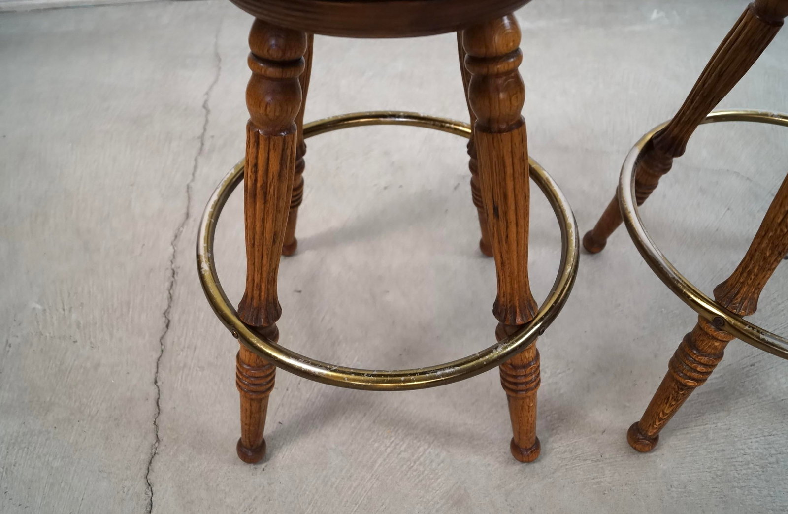 1970's Solid Oak & Brass Tractor Swivel Counter Stools - A Pair - 8