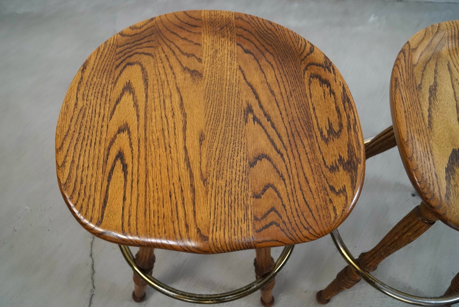 1970's Solid Oak & Brass Tractor Swivel Counter Stools - A Pair - 9