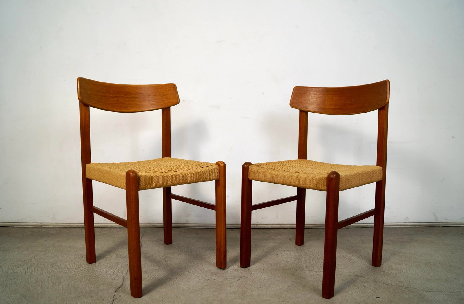1970's Mid-Century Danish Modern Teak & Paper Cord Dining Chairs - A Pair - 2