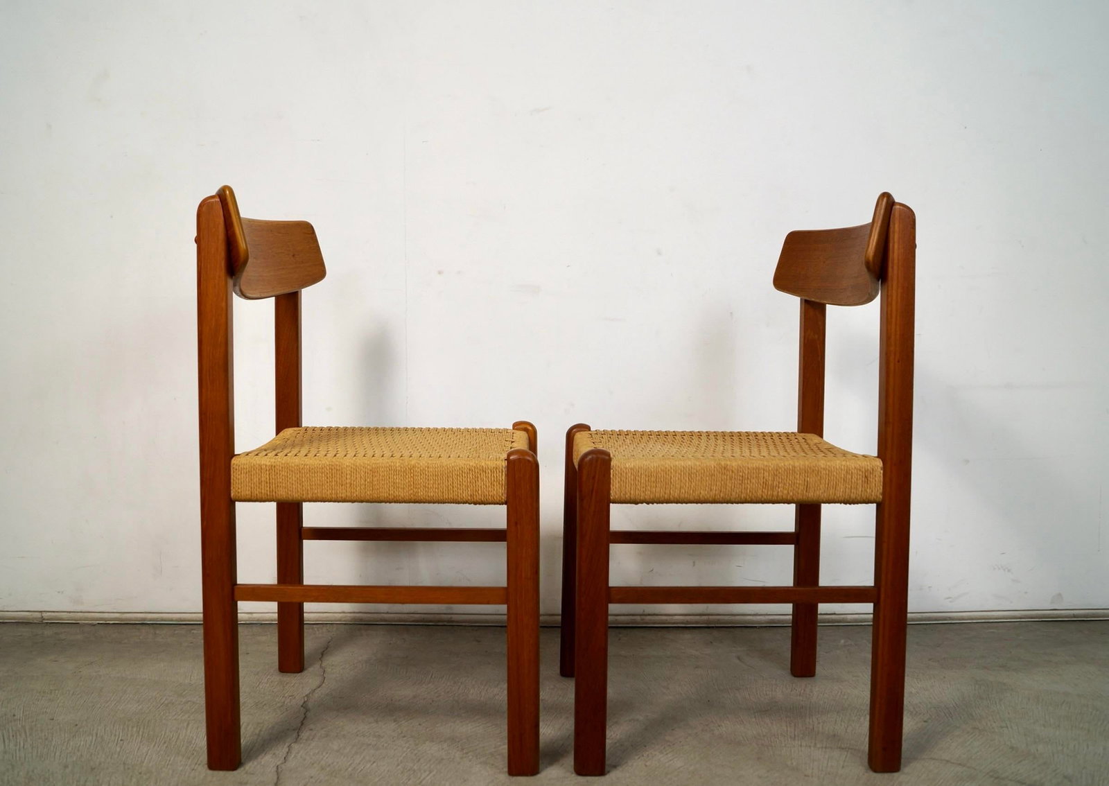 1970's Mid-Century Danish Modern Teak & Paper Cord Dining Chairs - A Pair - 5