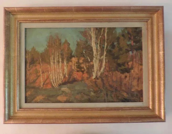 1917 Russian Autumn Landscape of a Birch Tree Forest Oil Painting on Board - 2