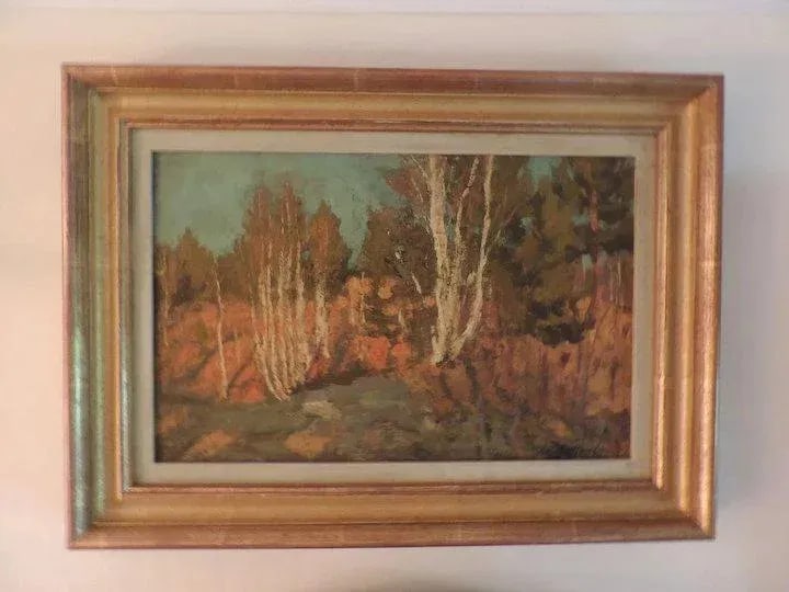 1917 Russian Autumn Landscape of a Birch Tree Forest Oil Painting on Board - 4