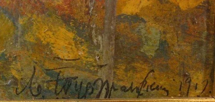 1917 Russian Autumn Landscape of a Birch Tree Forest Oil Painting on Board - 7