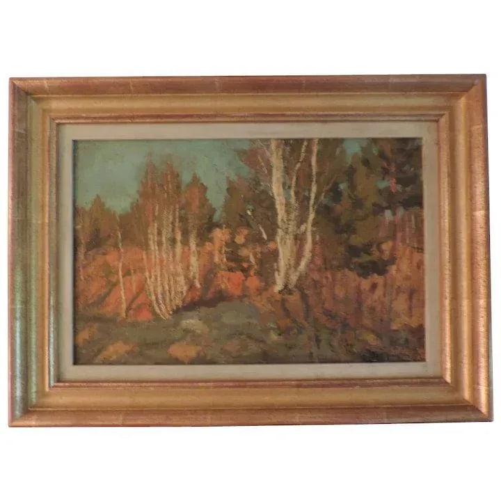1917 Russian Autumn Landscape of a Birch Tree Forest Oil Painting on Board - 8