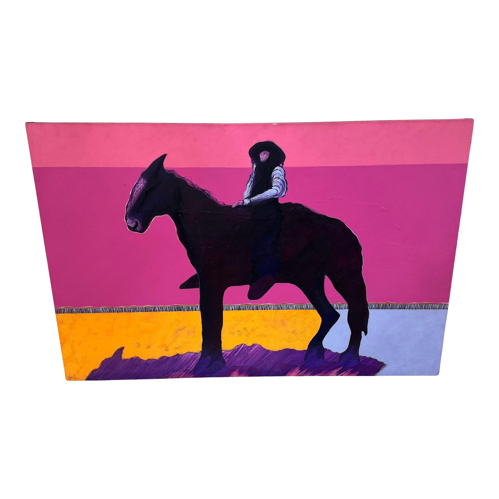 Len Agrella, "Cowboy at Sunset" Monumental Western Oil Painting: Len Agrella, "Cowboy at Sunset" Monumental Western Oil Painting Len Agrella (American, b. 1938) Cowboy at Sunset Oil on canvas 44 in. H * 64 in. W This monumental contemporary oil painting by