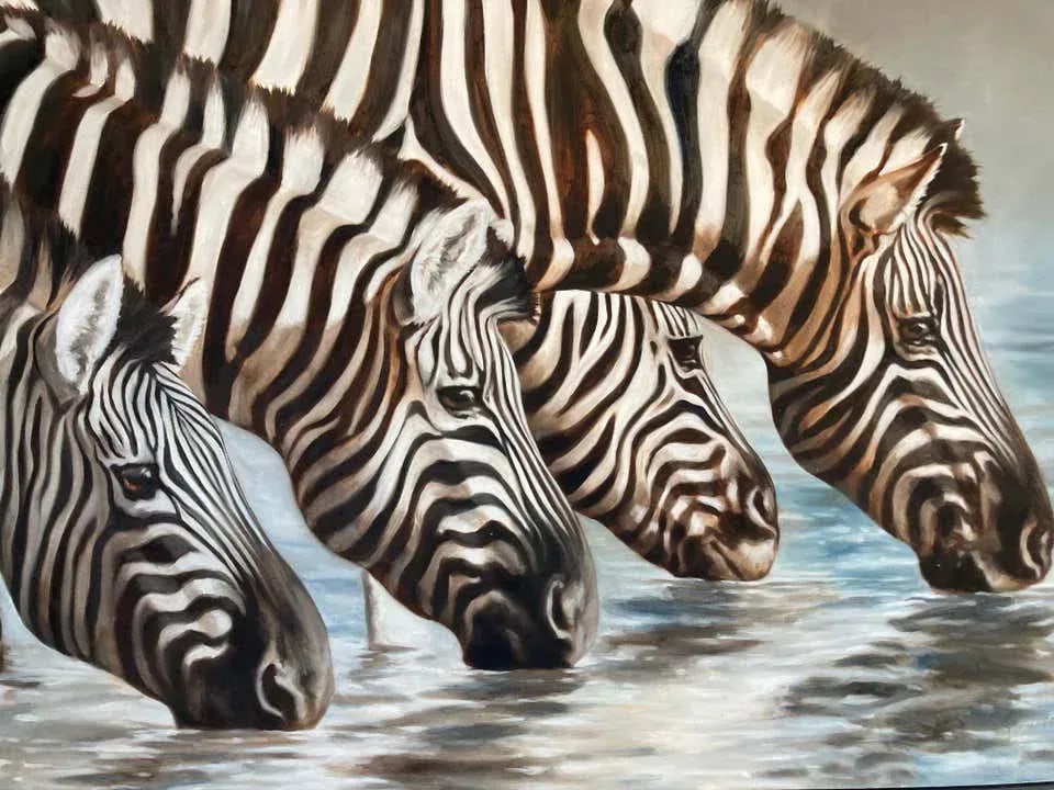 Large Oil on Canvas Oasis, African Zebras by Kindrie Grove, 1999 - 5