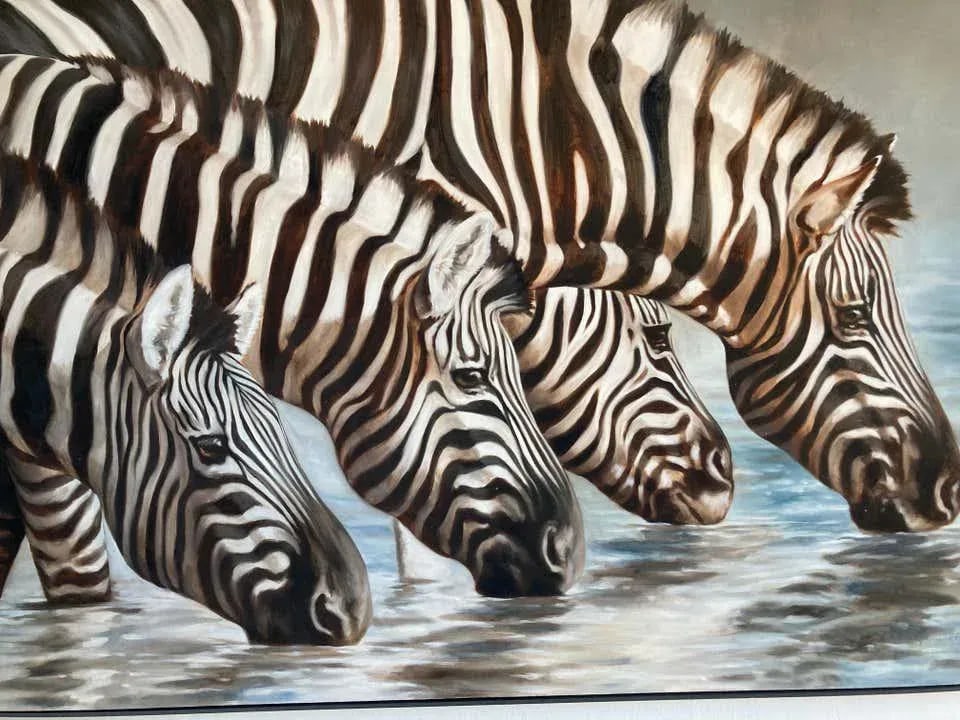Large Oil on Canvas Oasis, African Zebras by Kindrie Grove, 1999 - 7