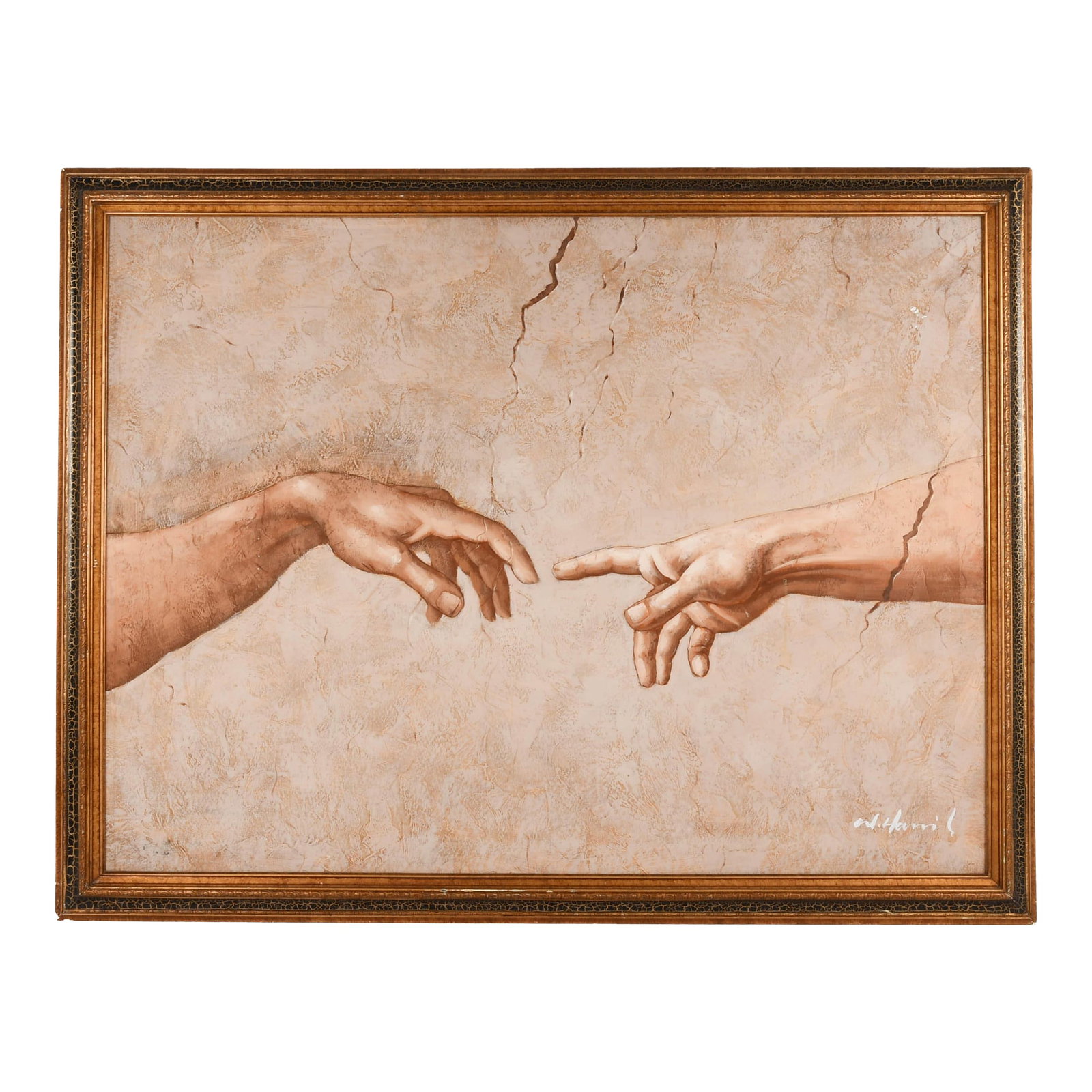 Framed Signed Creation of Adam After Michelangelo Oil on Canvas: This Framed Signed Creation of Adam After Michelangelo Oil on Canvas presents a focused reinterpretation of one of the most iconic gestures in Western art. The composition isolates the central moment