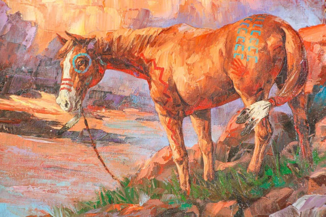 Native American Hunter with his Mustang Oil Painting - 12