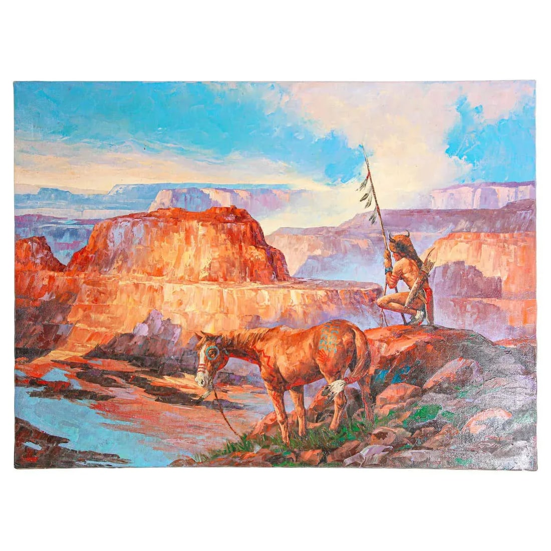 Native American Hunter with his Mustang Oil Painting - 13
