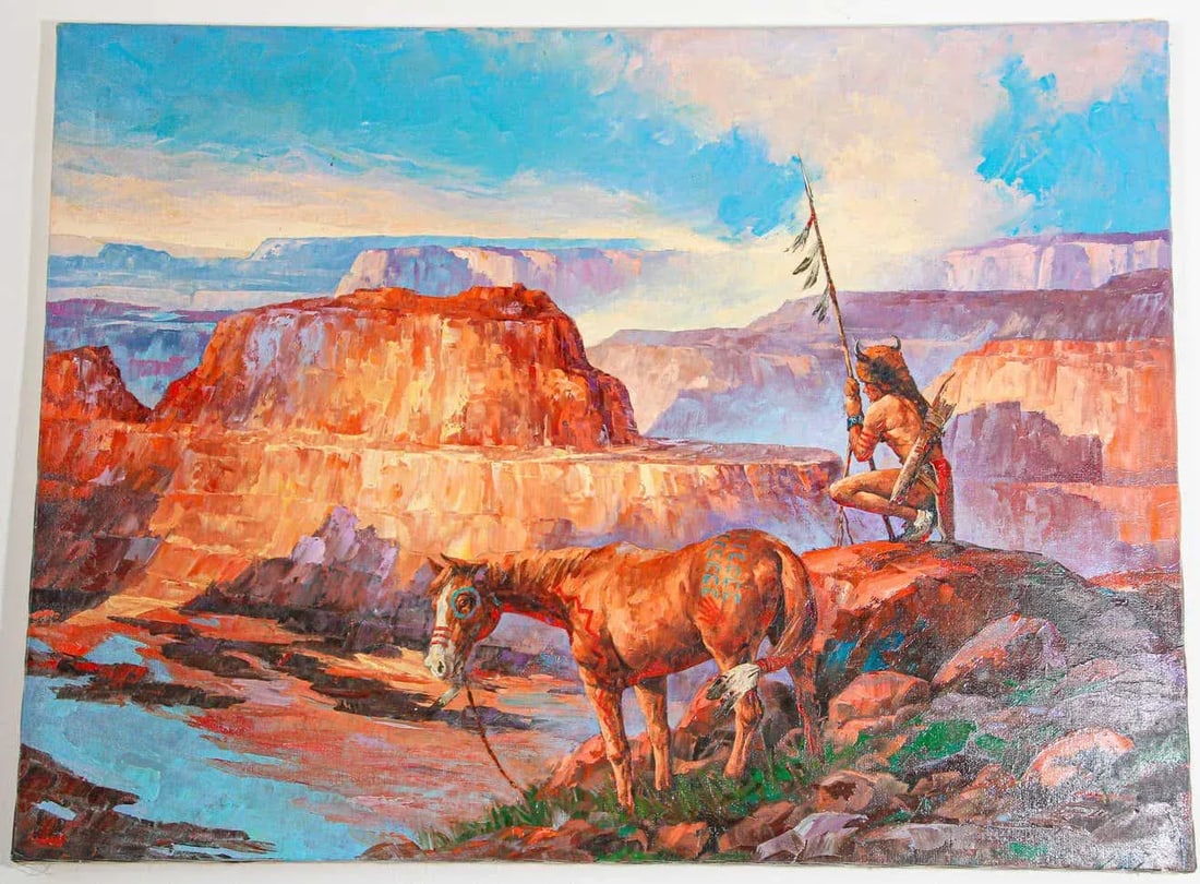 Native American Hunter with his Mustang Oil Painting - 6