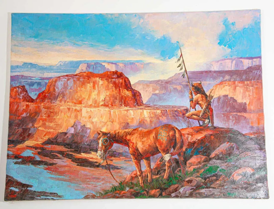 Native American Hunter with his Mustang Oil Painting - 7