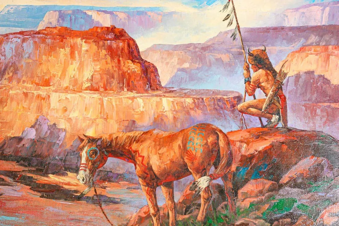 Native American Hunter with his Mustang Oil Painting - 8