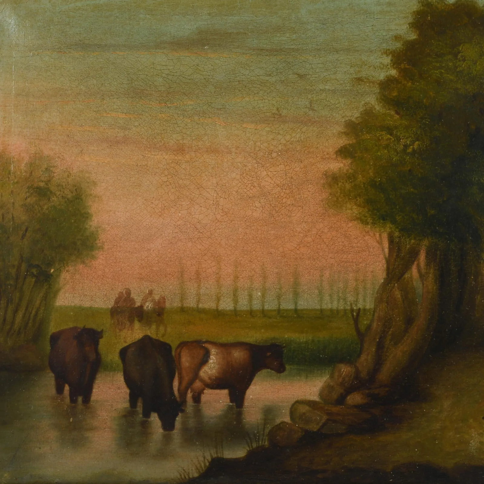 Antique Framed Cattle Watering Oil on Canvas Painting - 2