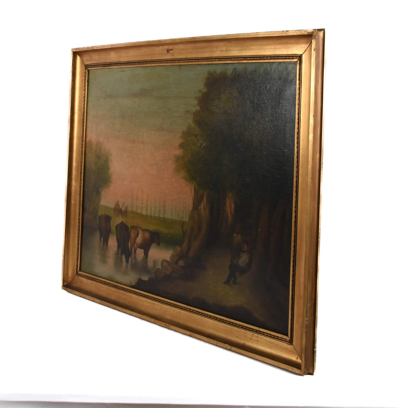 Antique Framed Cattle Watering Oil on Canvas Painting - 4