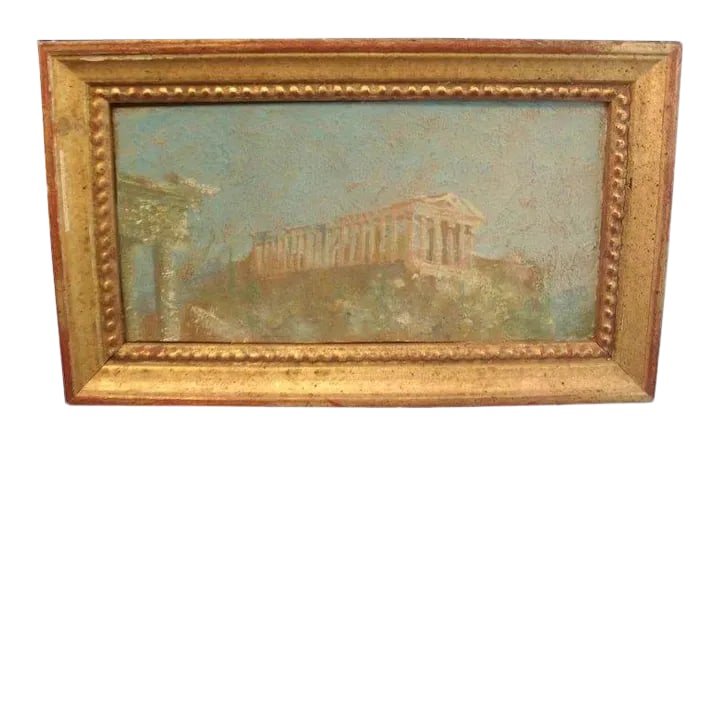 Henry Plussing Grand Tour Acropolis Oil Painting in Gilt Wood Frame: A beautiful oil painting of the Acropolis in Athens, Greece by Henry Plussing. Signed and dated on reverse - August 24, 1967. Beautifully presented in a classical giltwood frame. Measures 10 1/8" x 6