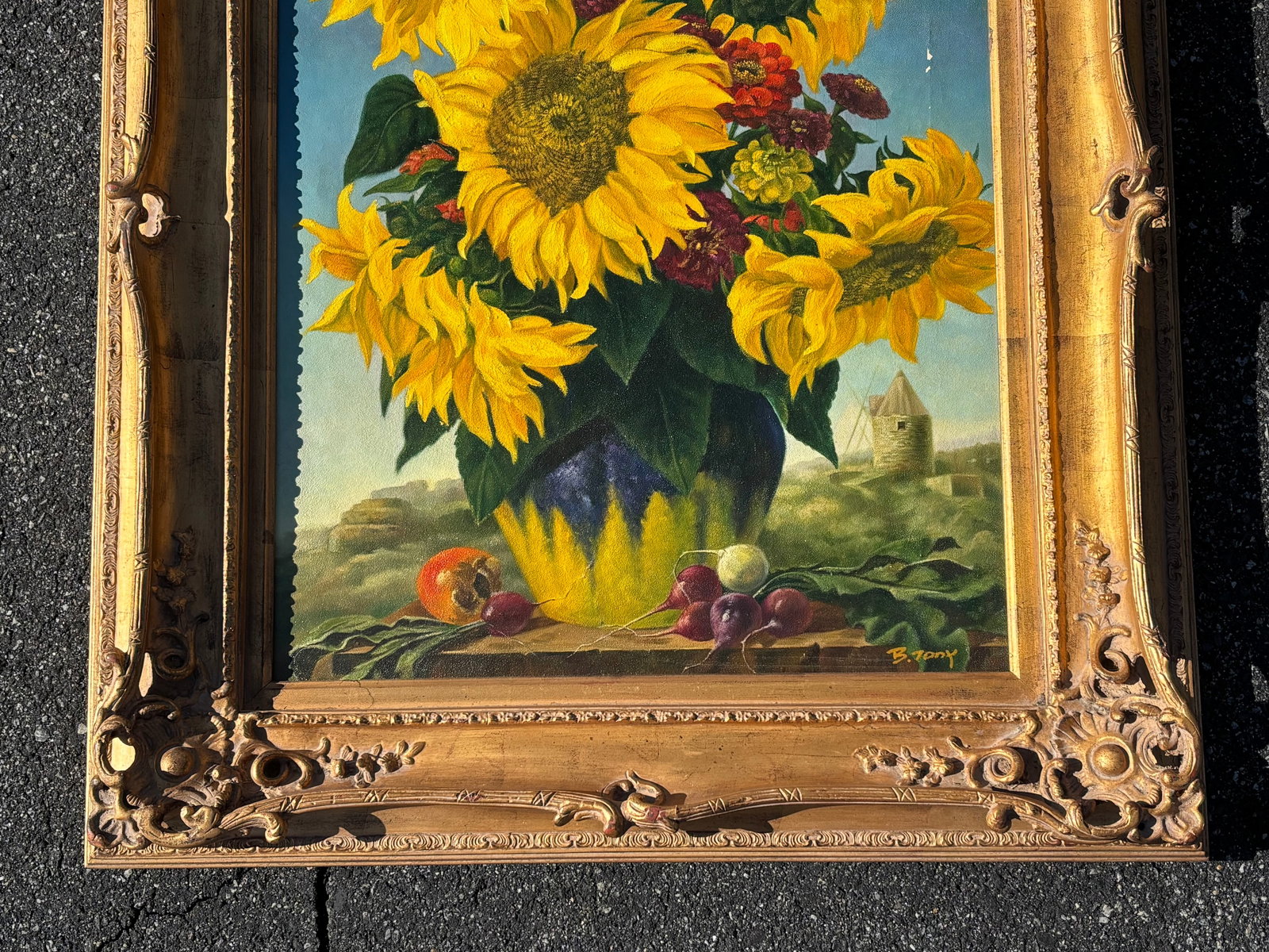Sun Flowers - 20th C. Original Oil on Canvas in Exceptional Gilt Frame - 13