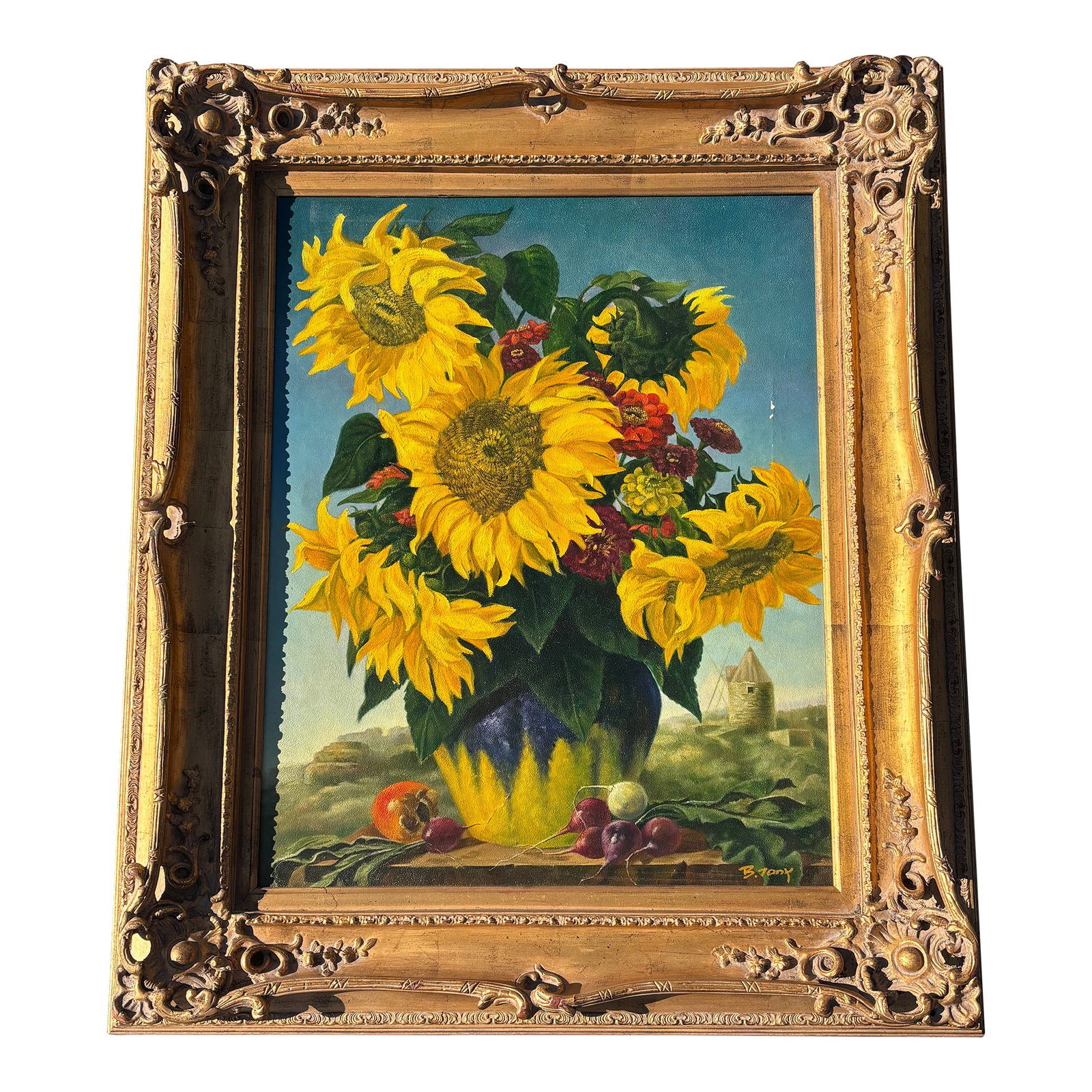 Sun Flowers - 20th C. Original Oil on Canvas in Exceptional Gilt Frame: Exceptional Sunflowers + mixed blooms in a Majolica Style Pot! Late 20th Century Original Oil on Canvas in Monumental artisan carved gilt frame. Large size and scale for sure - 40.5" tall, 34.5"