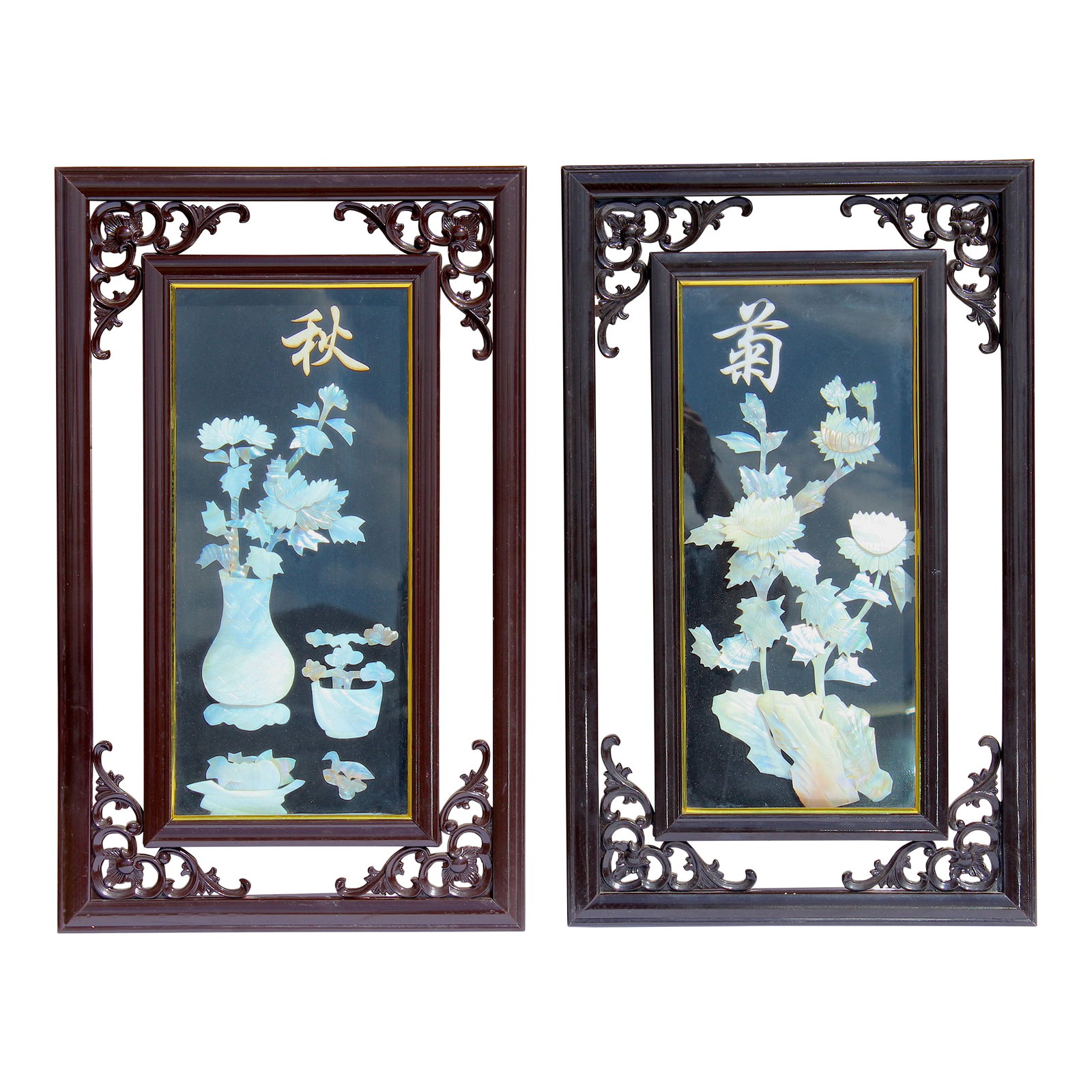 Vintage Chinese Mother-of-Pearl Inlay Chrysanthemum Wall Panels - Ornate Carved Wood Frames - Chinoi: Elegant vintage Chinese wall panels featuring intricate mother-of-pearl inlay depicting floral arrangements, beautifully set against a dark background and surrounded by ornate carved frames. These