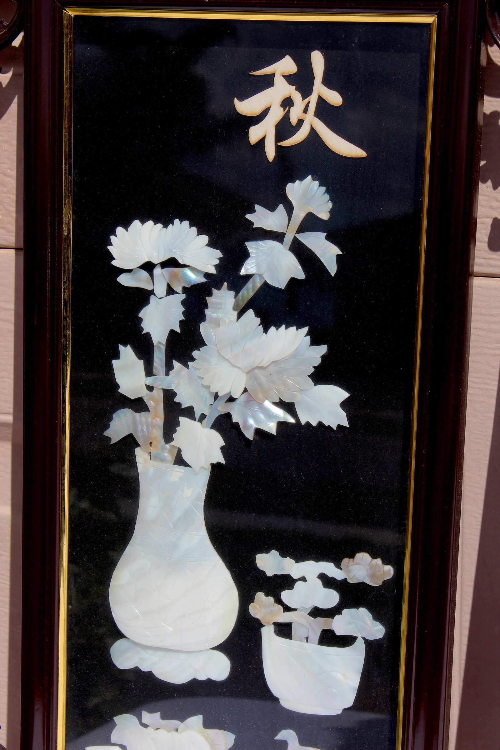 Vintage Chinese Mother-of-Pearl Inlay Chrysanthemum Wall Panels - Ornate Carved Wood Frames - Chinoi - 5