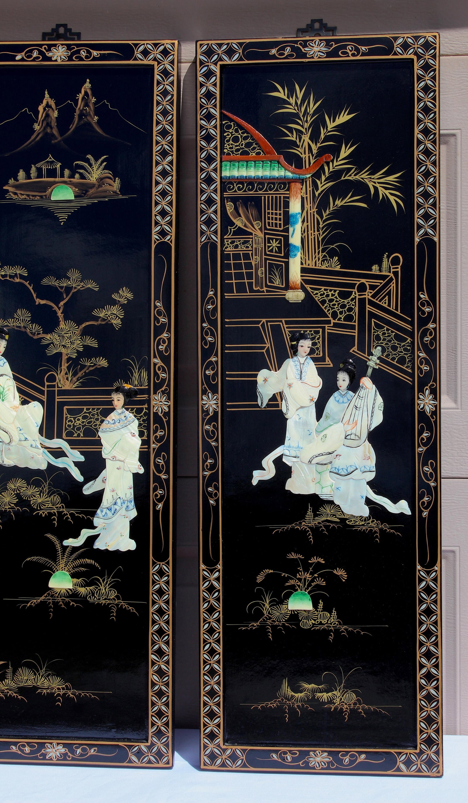 Vintage Chinese Black Lacquer Mother-of-Pearl Inlay Wall Panels - Set of 4 Chinoiserie Scenic Figure - 6