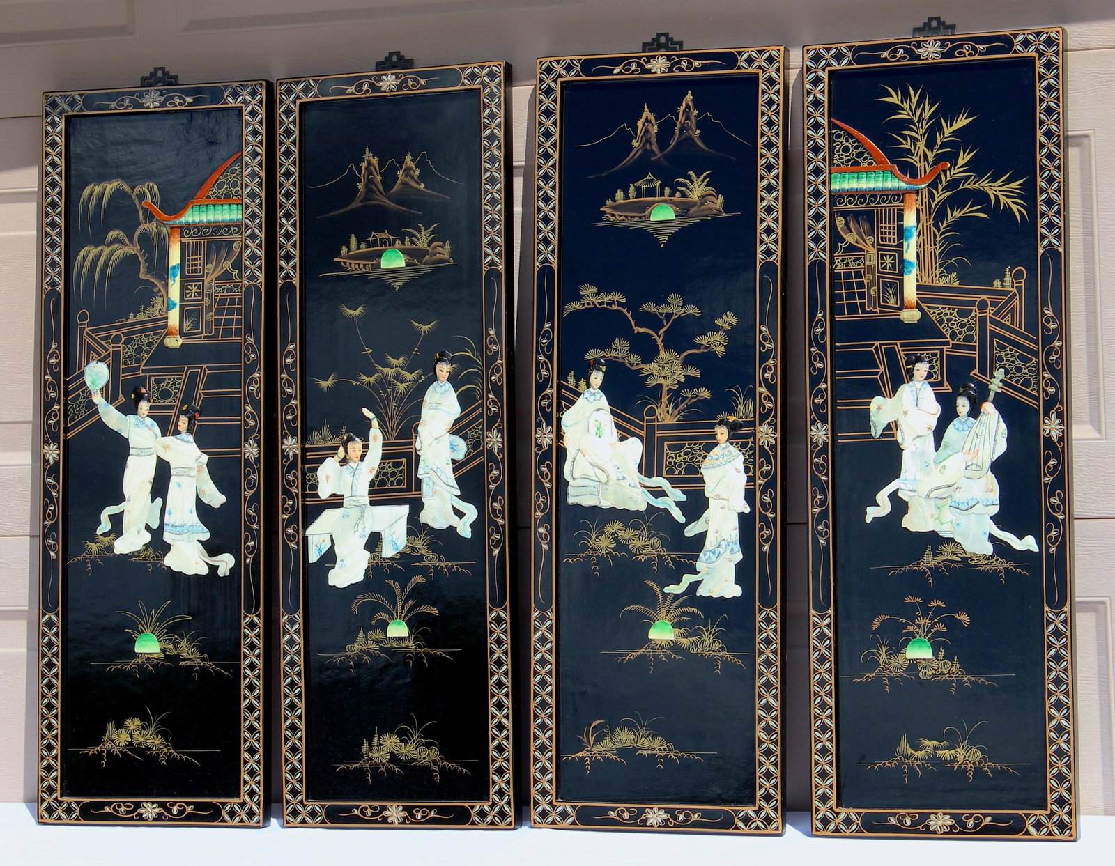 Vintage Chinese Black Lacquer Mother-of-Pearl Inlay Wall Panels - Set of 4 Chinoiserie Scenic Figure - 7