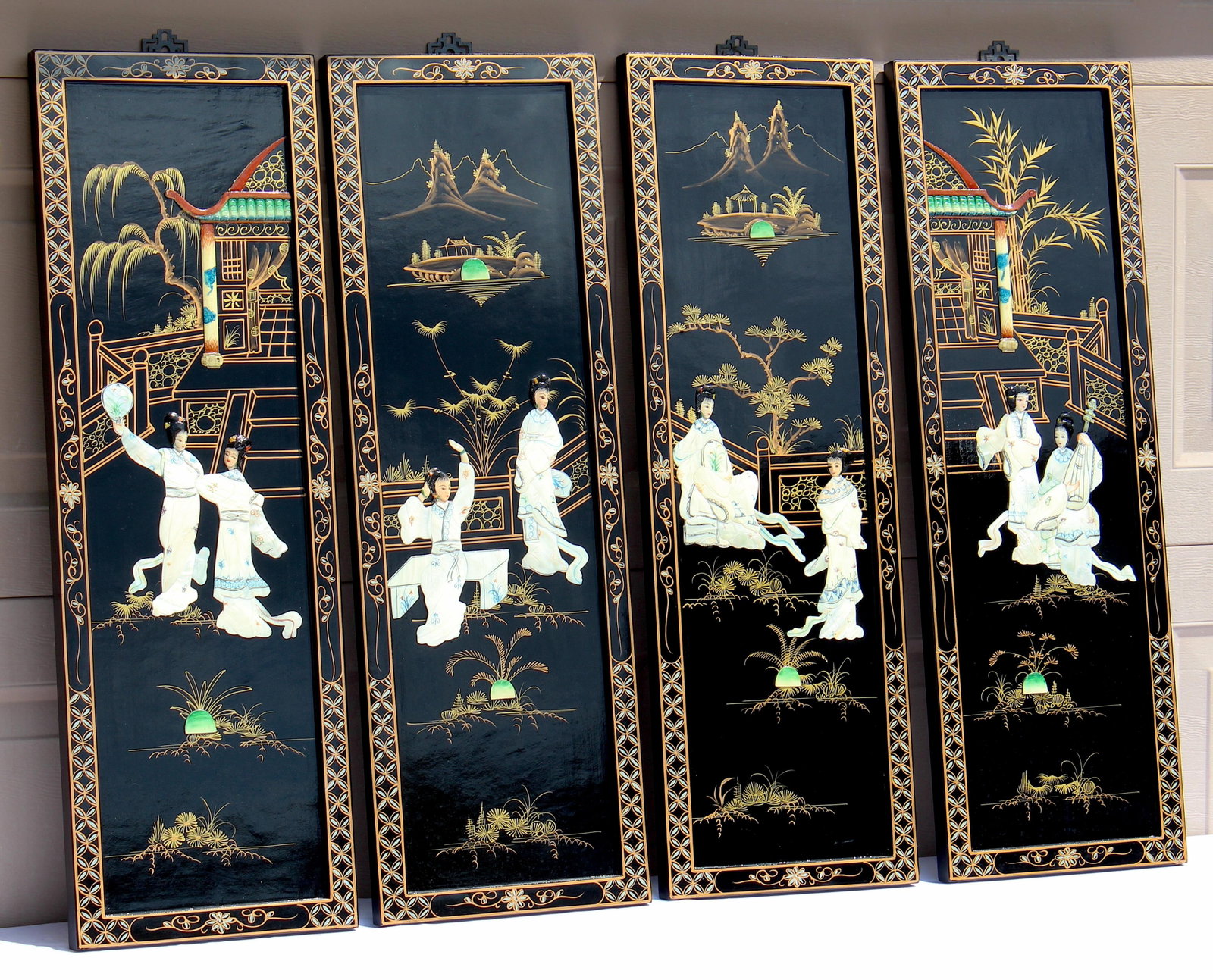 Vintage Chinese Black Lacquer Mother-of-Pearl Inlay Wall Panels - Set of 4 Chinoiserie Scenic Figure - 8