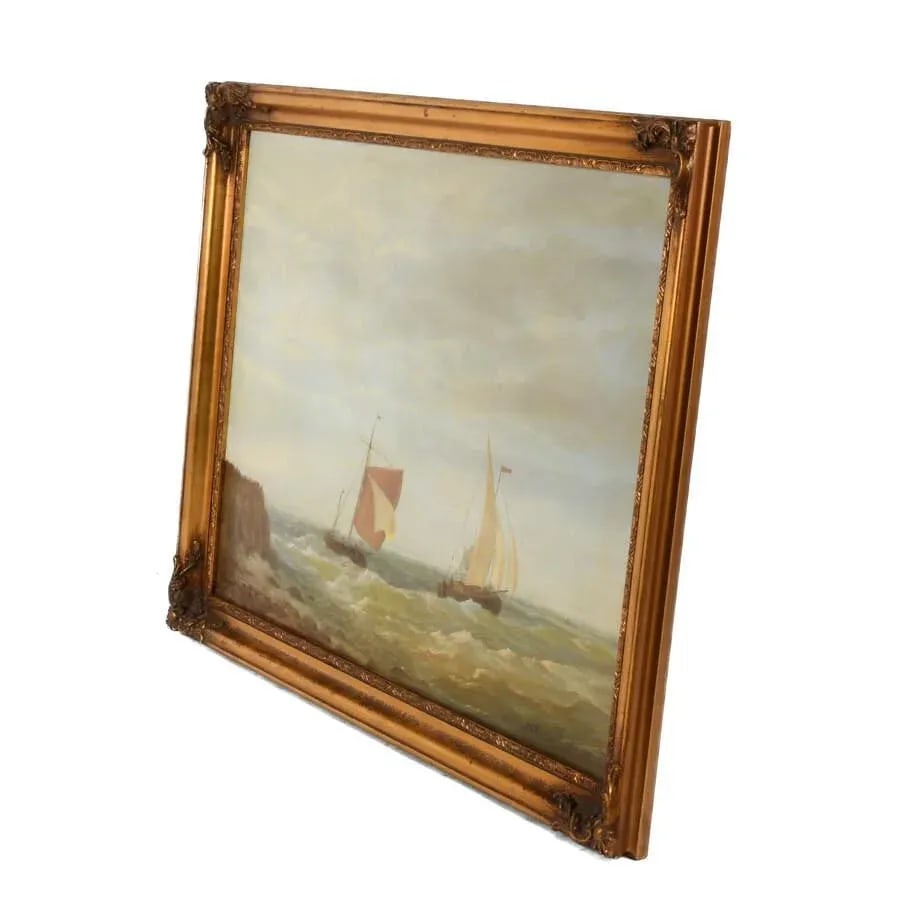 Early 20th Century Framed Oil on Board Nautical Sailing Ships Seascape - 3