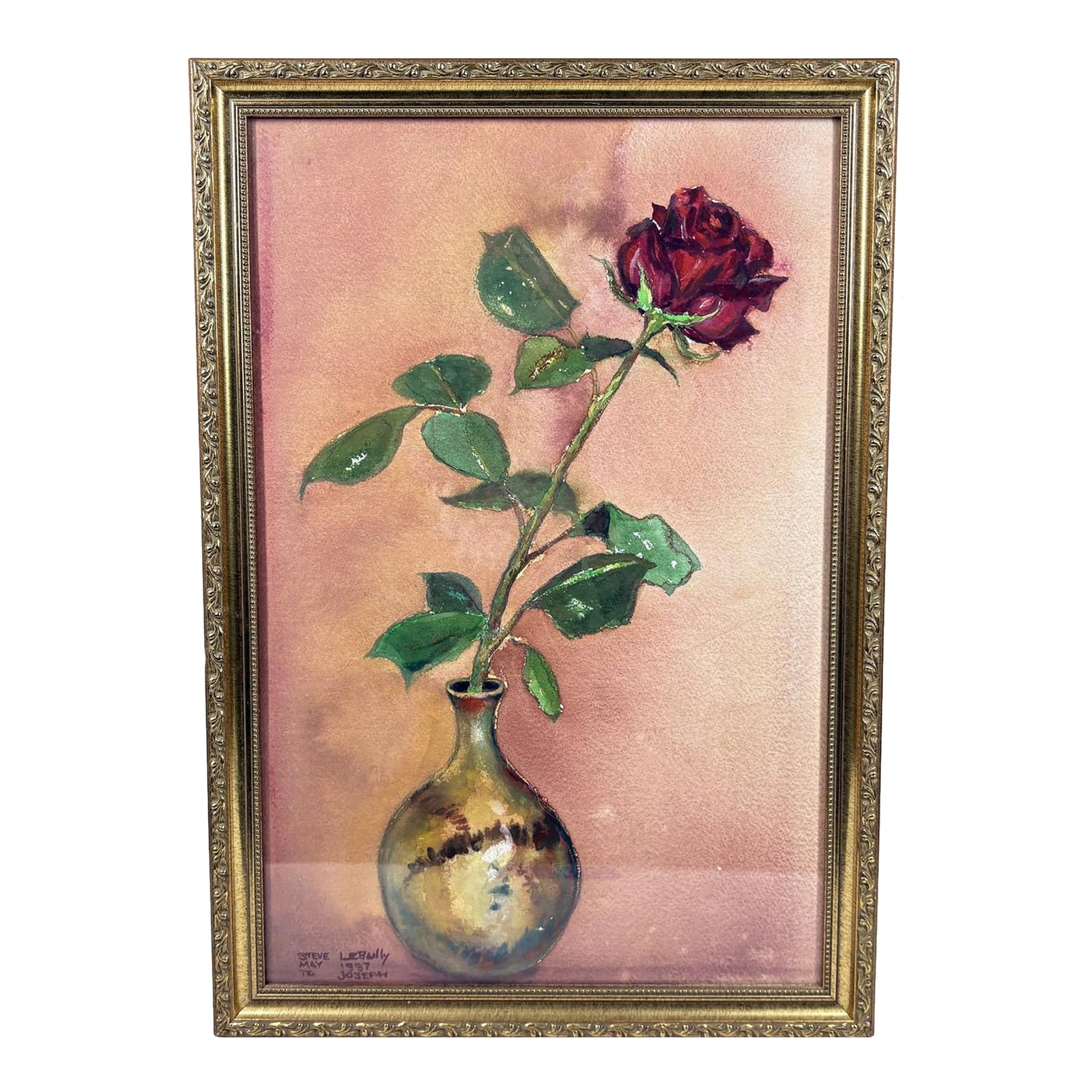 1997 Original Signed Steve LeBailly Botanical Watercolor - "Single Rose": 1997 Original Signed Steve LeBailly Botanical Watercolor - "Single Rose" This exquisite original watercolor on paper captures the delicate beauty of a single rose in a vibrant palette of deep reds