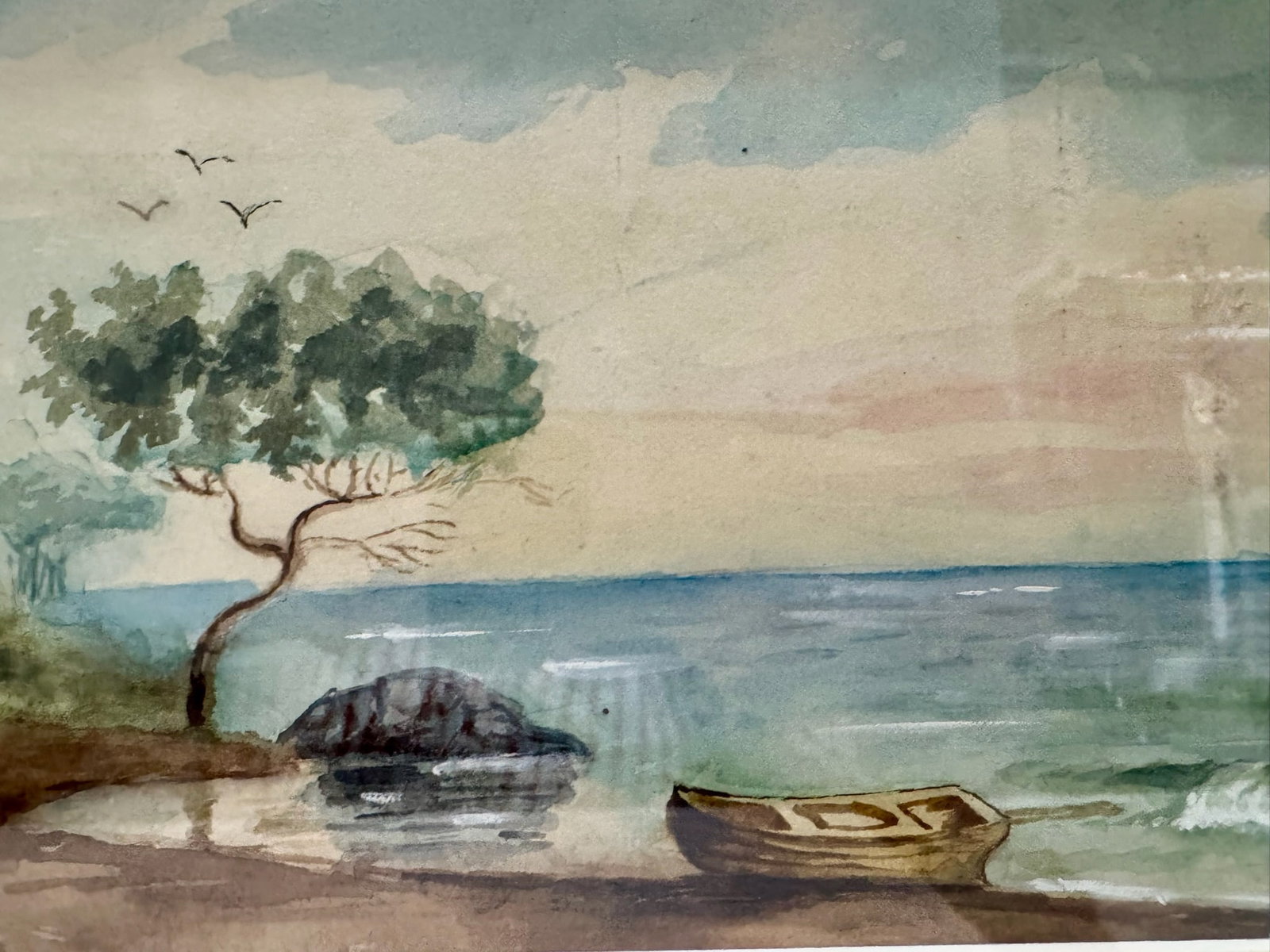 Mid 20th Century Coastal Landscape Watercolor Painting Framed Seascape Boat Tree - 2