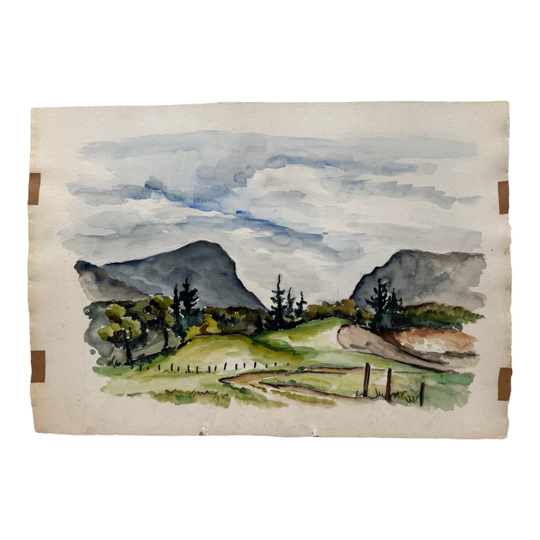 Henry Emil Salloch Original Watercolor on Paper Mountain Valley 1940: Original watercolor on paper by Henry Emil Salloch, also known as Heinz Emil Salloch, the German-born American artist and graphic designer who emigrated to the United States in 1937. This unframed