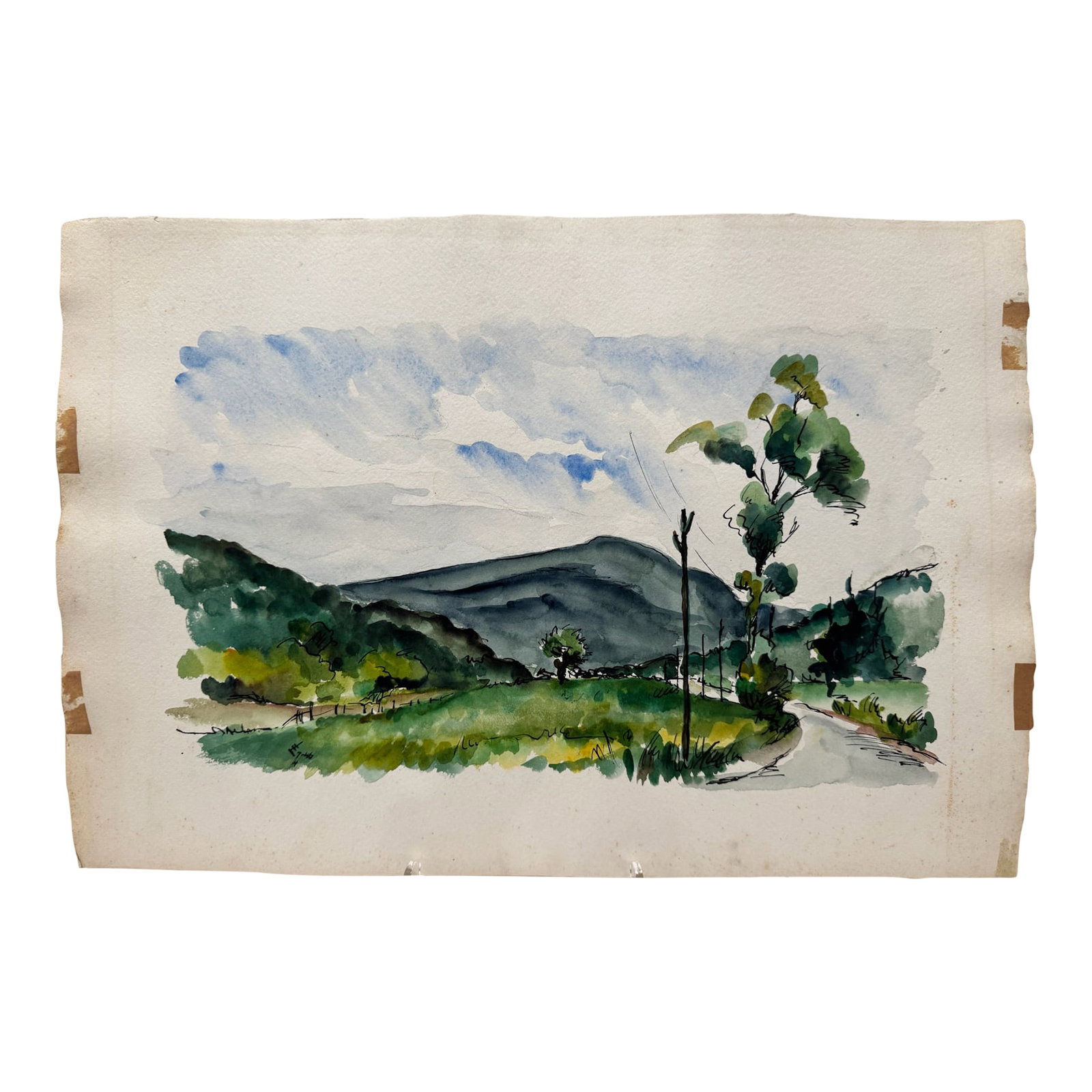 Henry Emil Salloch Original Watercolor on Paper Alpine Valley, 1946.: Original watercolor on paper by Henry Emil Salloch, also known as Heinz Emil Salloch, the German-born American artist and graphic designer who emigrated to the United States in 1937. This unframed